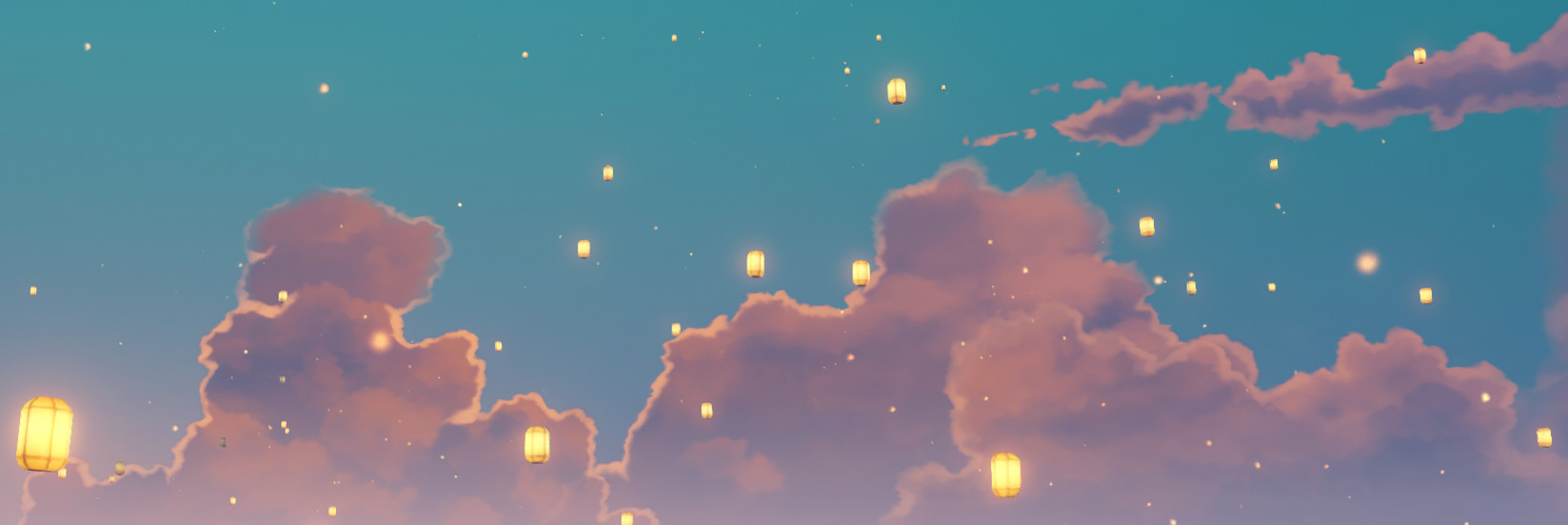 Screenshot from Genshin Impact during Liyue's Lantern Rite. Lit lanterns are floating into the sky at sunset. The sky is a gradient from a turquoise in the top right to a pinkish colour in the bottom left. The clouds are billowing and coloured pink with purple shadows.