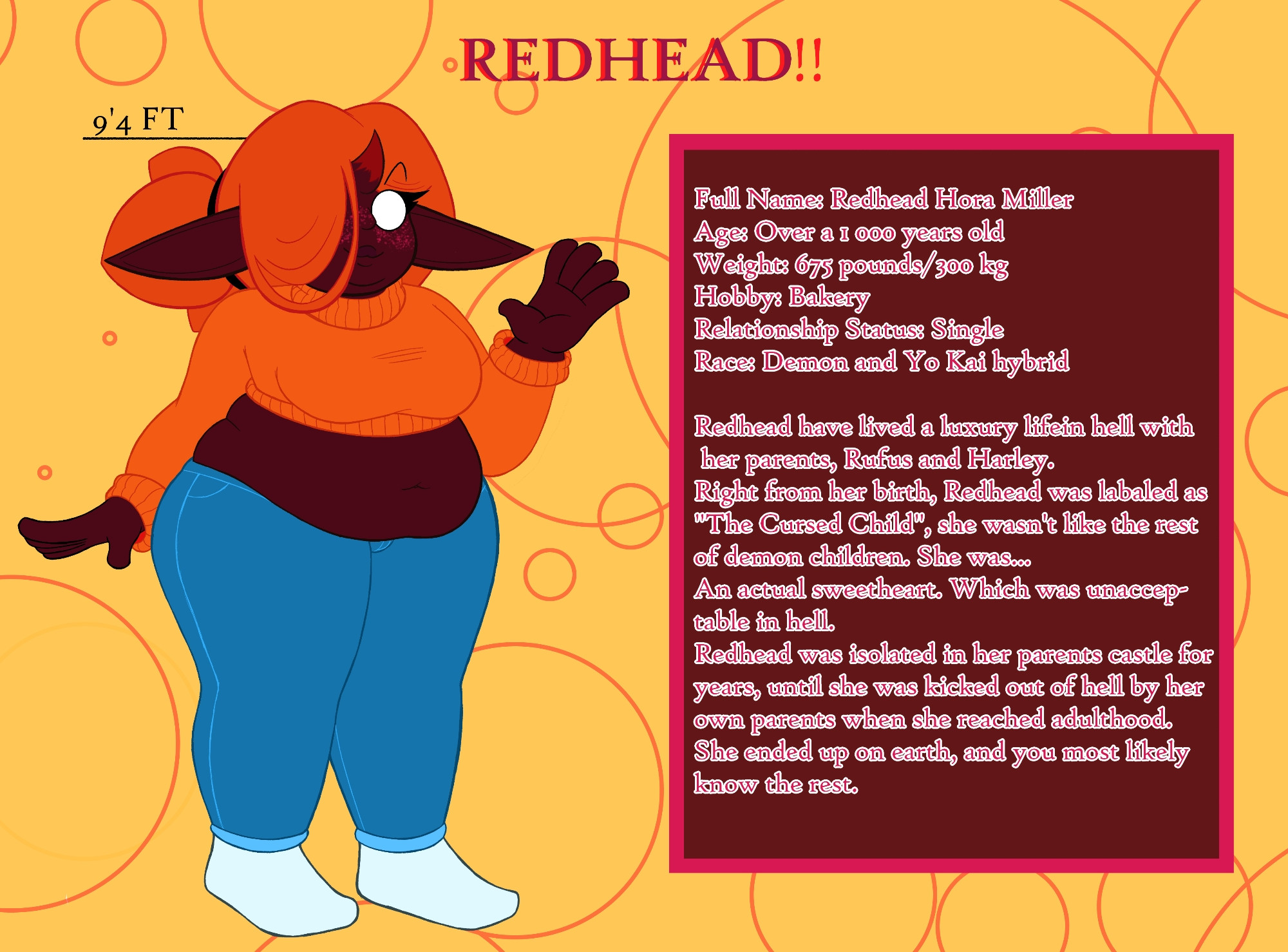 Redhead - one of my main ocs, and possibly the most popular one
She's a chubby giant demon gal (and ref is outdated, too....) 