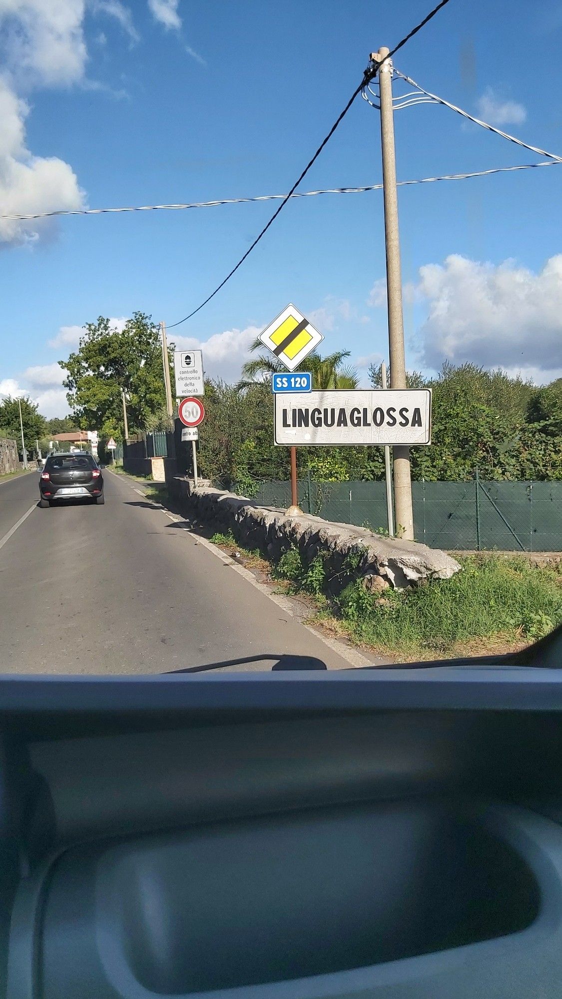 A road sign indicating the town of Linguaglossa in Sicily.