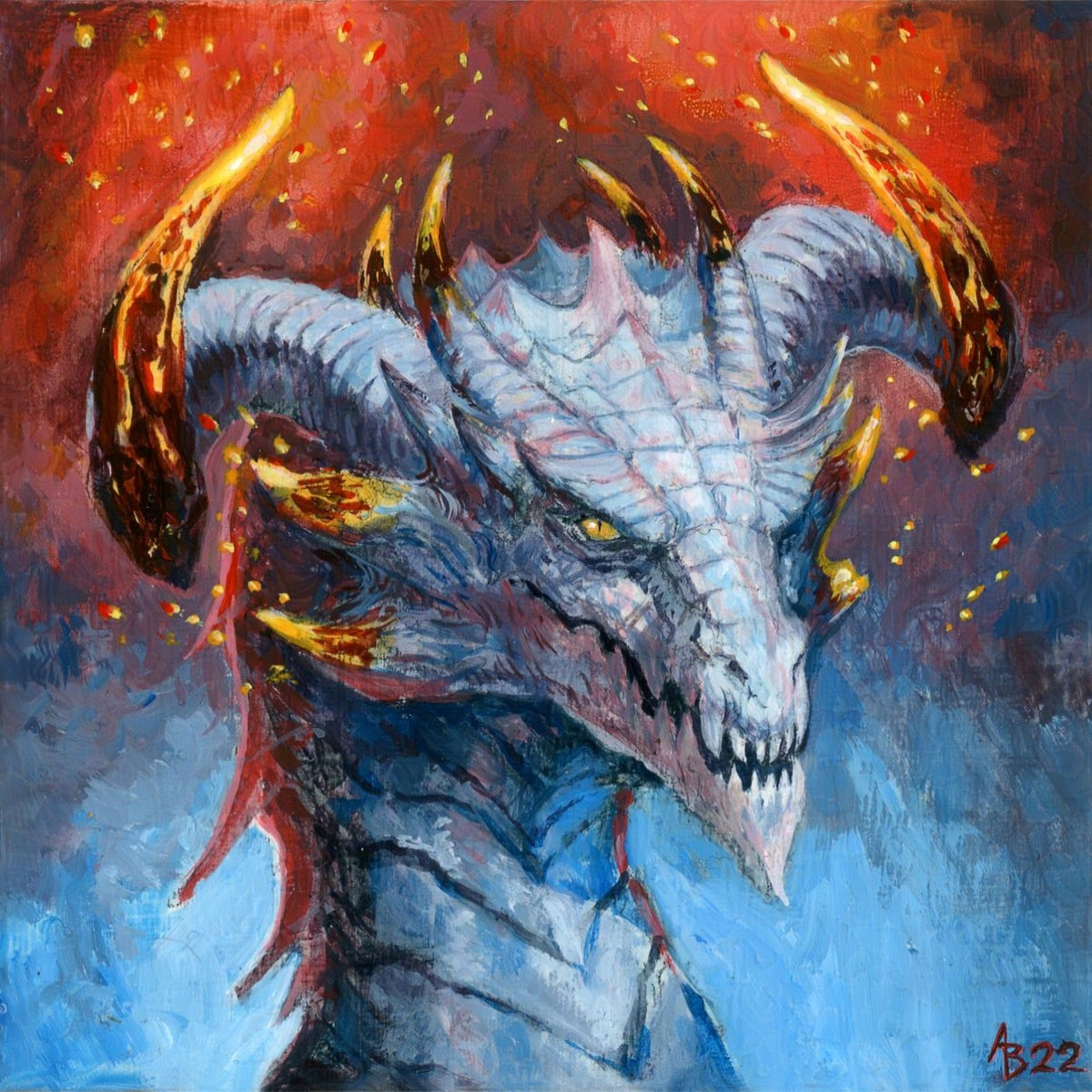 An acrylic dragon portrait with firey hot horns blazing over cold blueish grey scales.