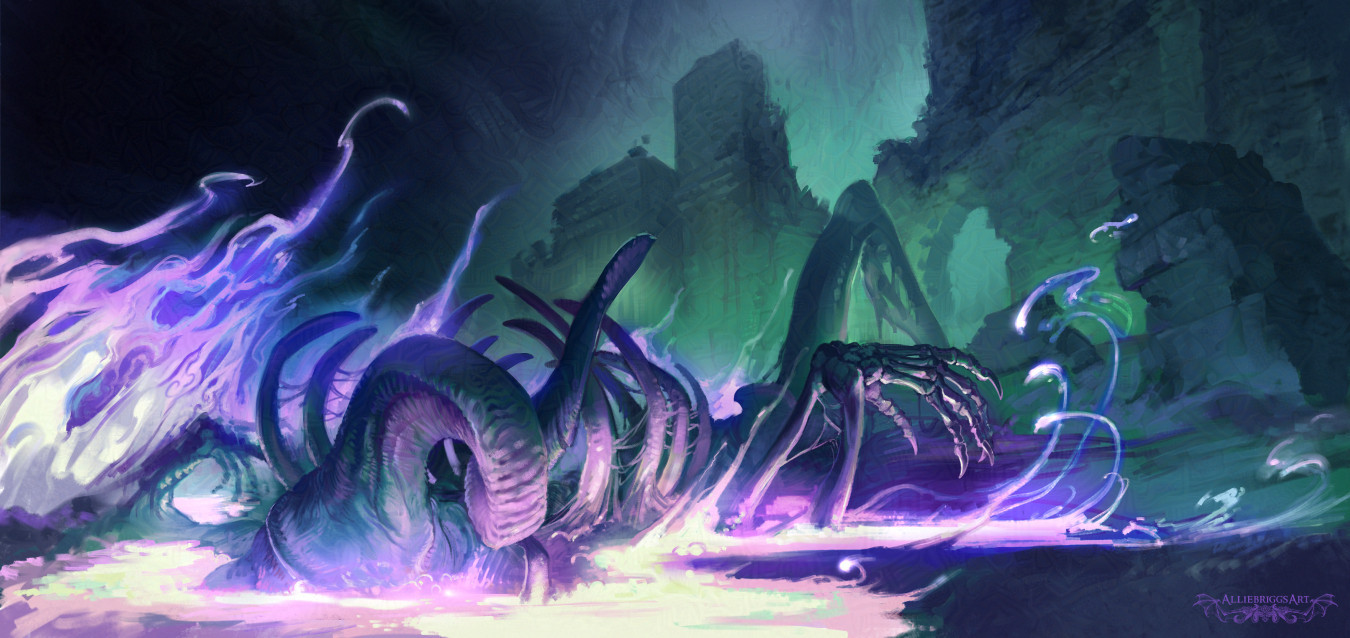 "Sunken Revvia" - For the City of Arches by Michael E. Shea at SlyFlourish.com” - Digital 2024. The image shows a corpse of a very large devil or demon, half submerged in a viscous purple ichor. The dimly little cavern it lies in is filled with a sickly ghostly green atmosphere.