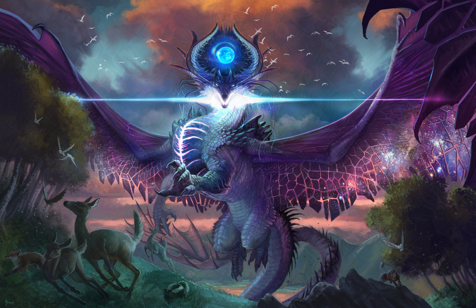 Serlvarian, The Essence Stealer -  A red dragon corrupted by the power of a fallen star. The magic transformed his scales to purple, his fire to a beam of blinding hot light, and a fractured portal between time and space spreading across his body.