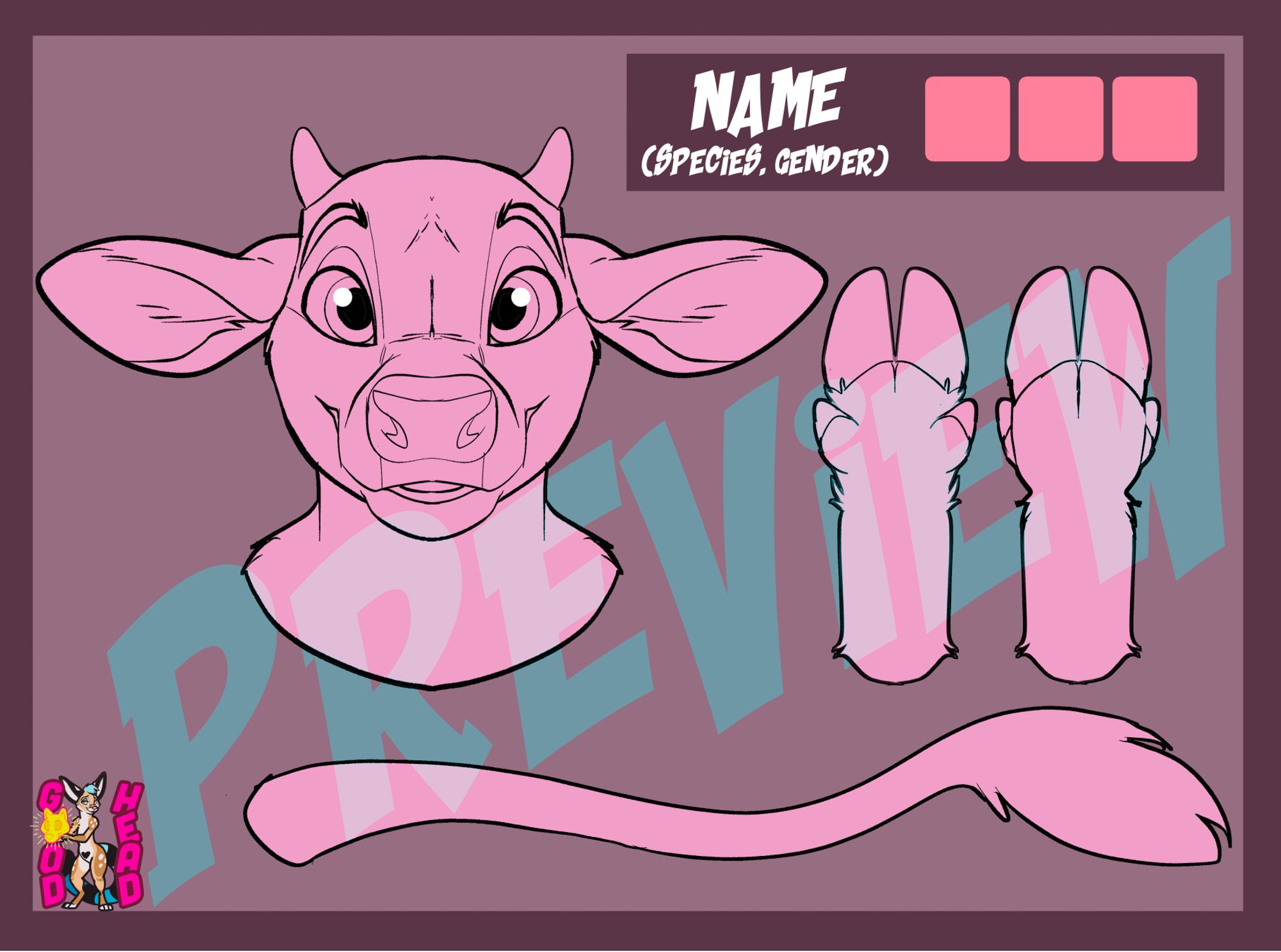 A cow reference sheet with head, hooves, and tail.