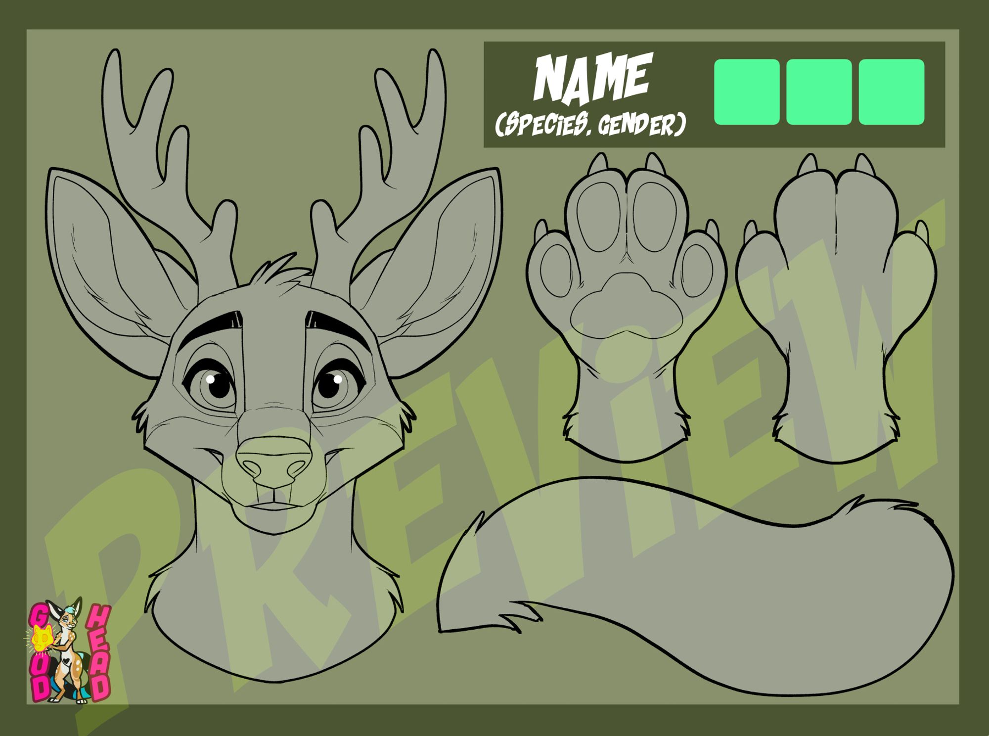 A deerfox reference sheet with head, paws, and tail.