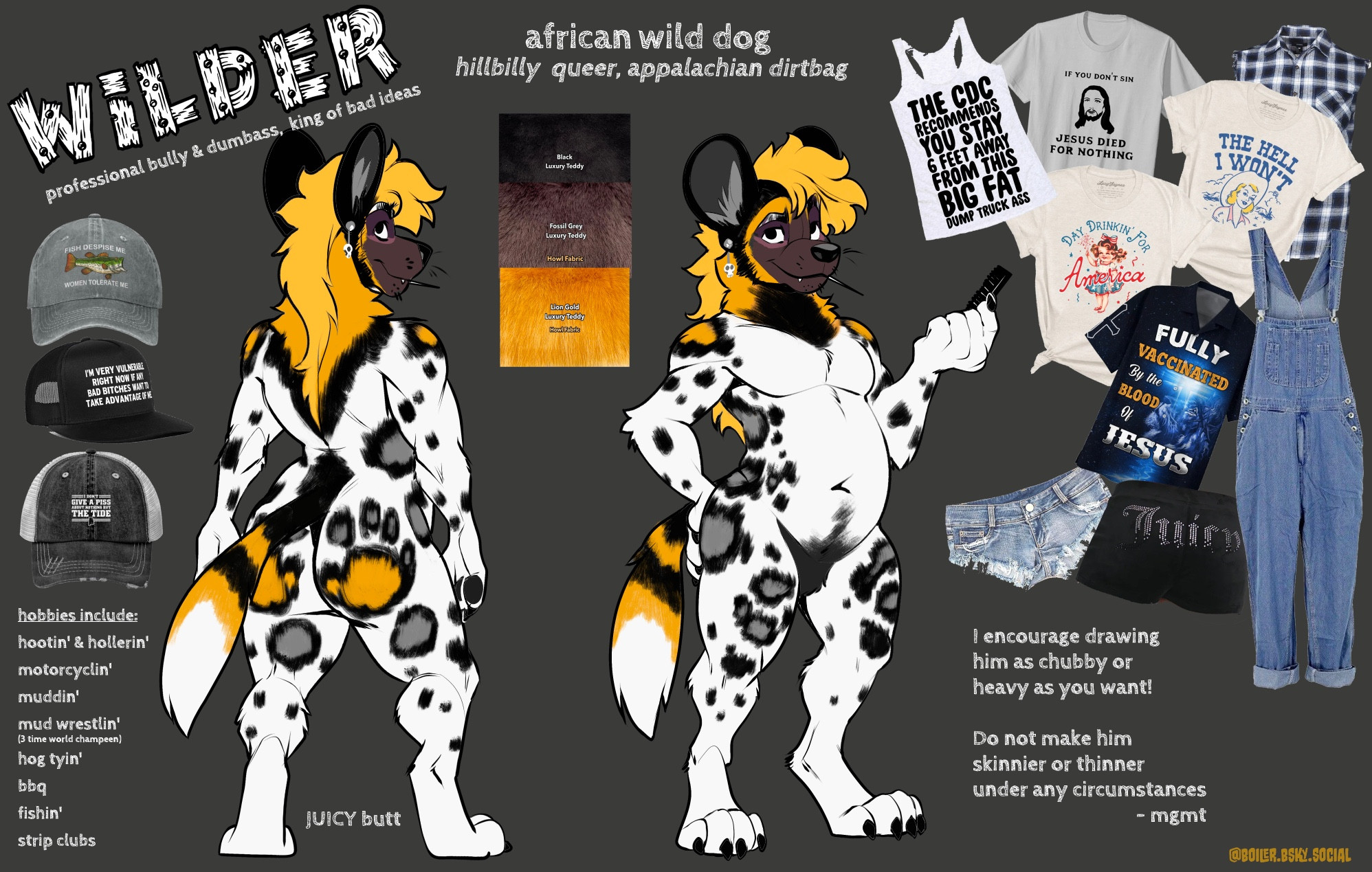 a character sheet for an African wild dog hillbilly named Wilder