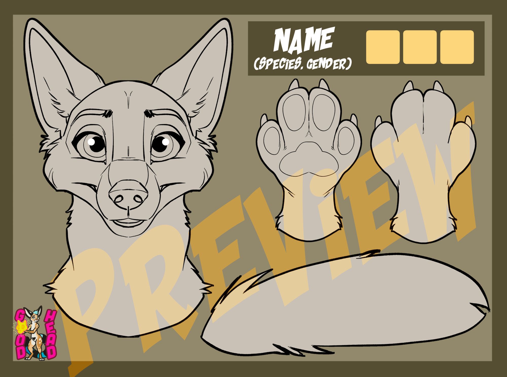 A coyote reference sheet with head, paws, and tail.