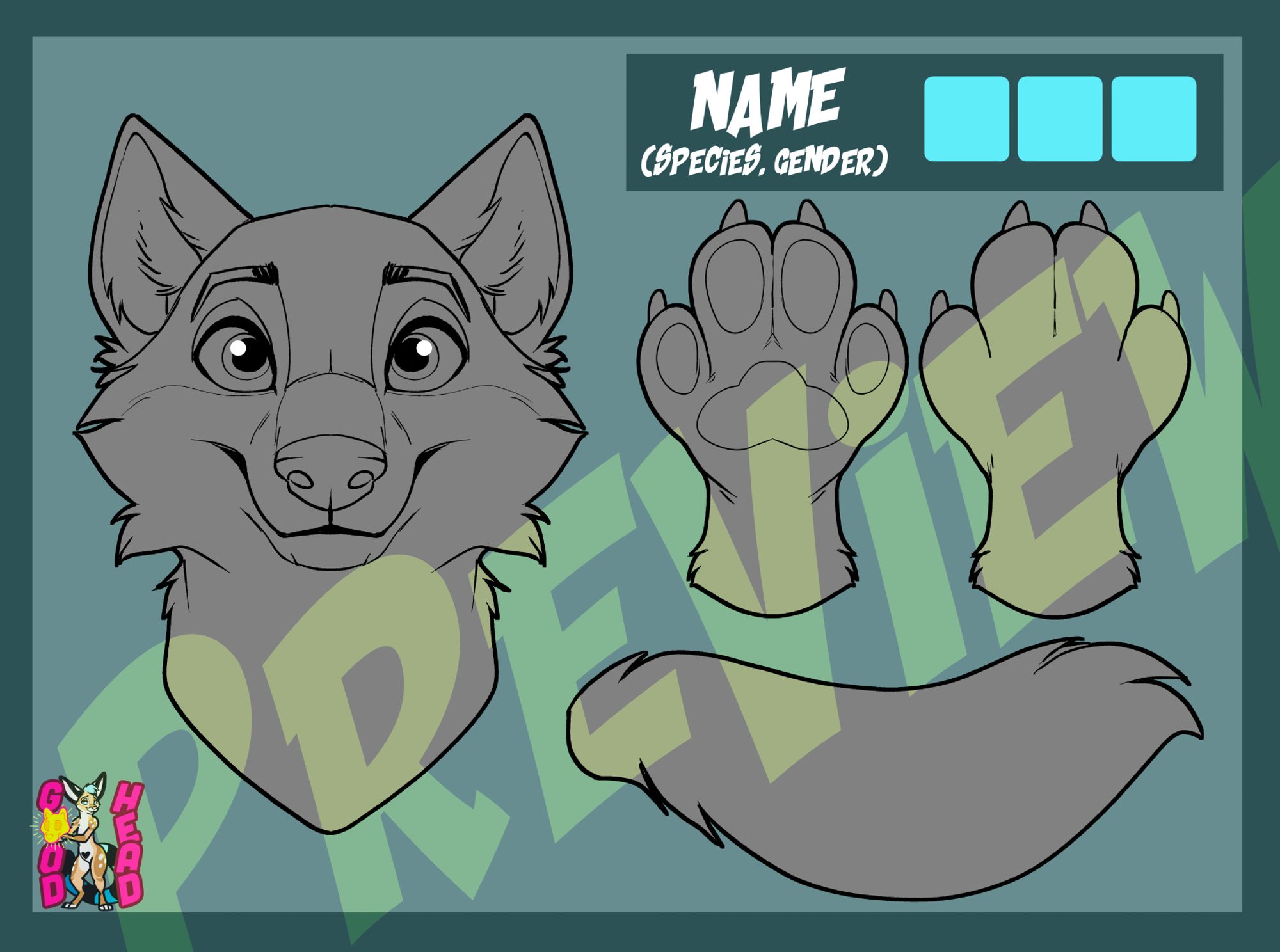 A wolf reference sheet with head, paws, and tail.