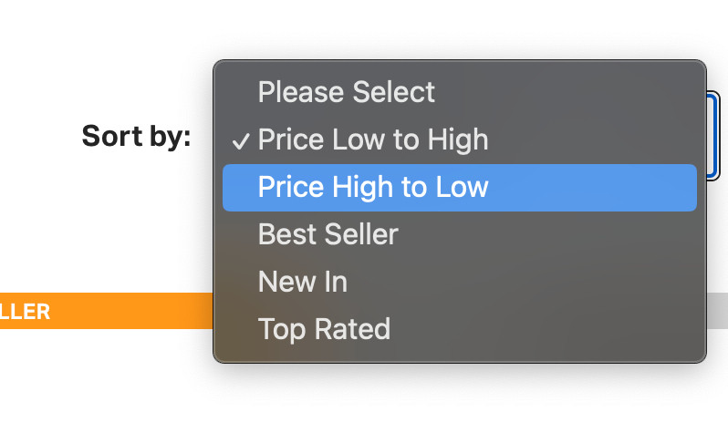 Closeup of the 'Sort By' dropdown from a random ecommerce website. The options are 'Price: Low to High', 'Price: High to Low', Best Seller, New In and Top Rated. The 'Price: High to Low' has been highlighted in this image.