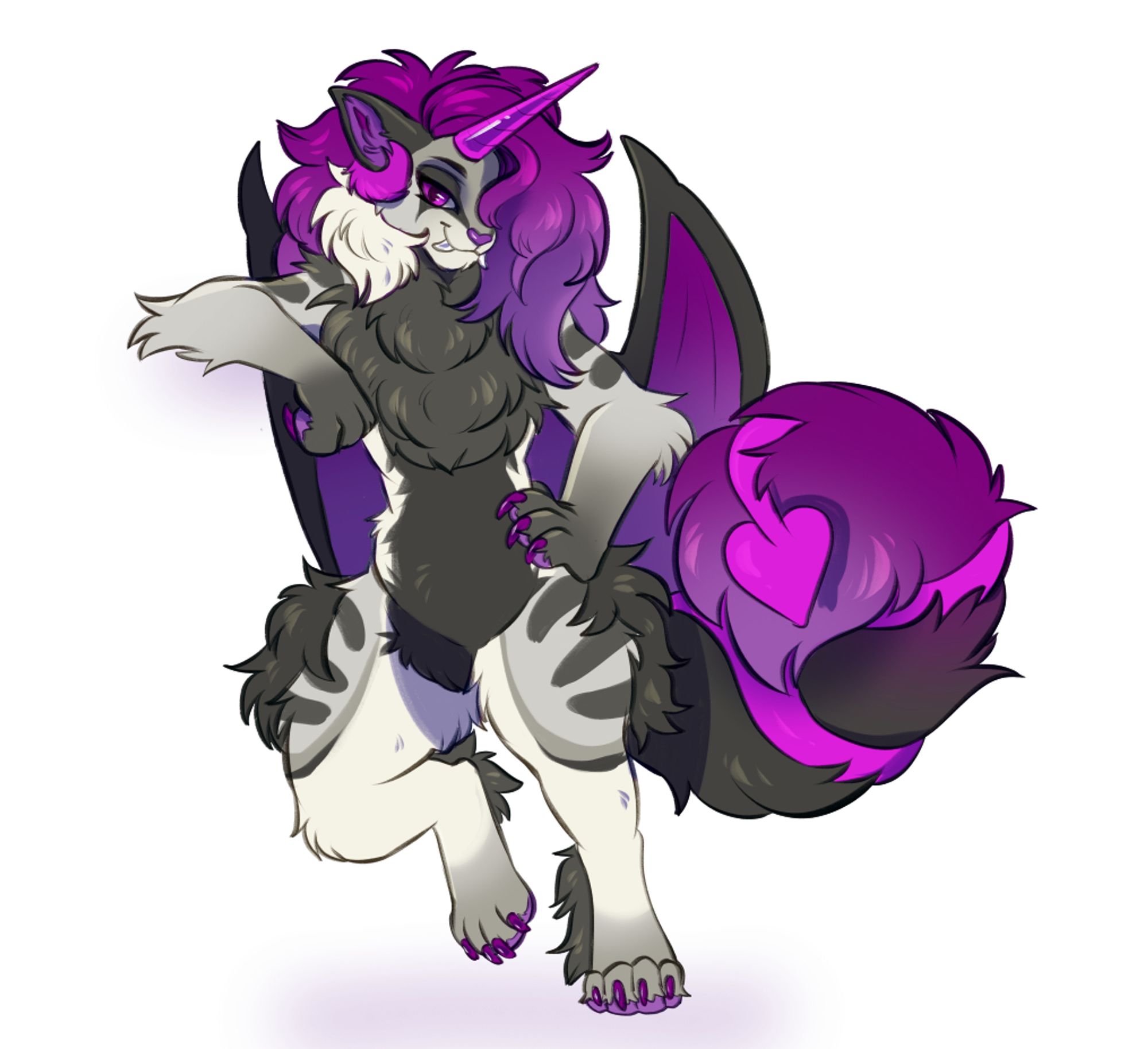 A female anthro canine with a flowing mane of purple hair and alicorn-like features, including a unicorn horn and wings.