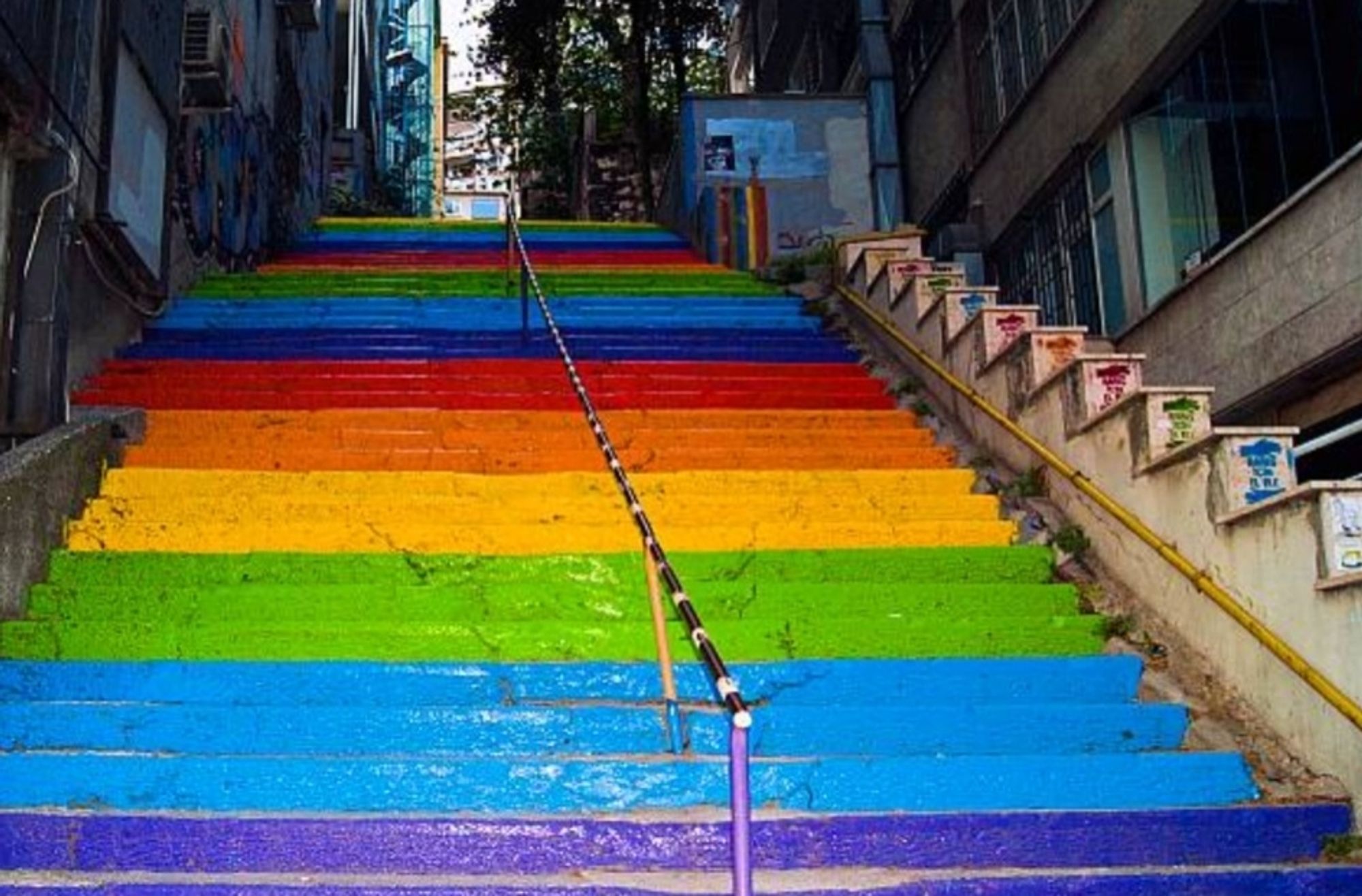 A long staircase in an Istanbul neighbourhood in 2015 painted in the colours of the Pride flag