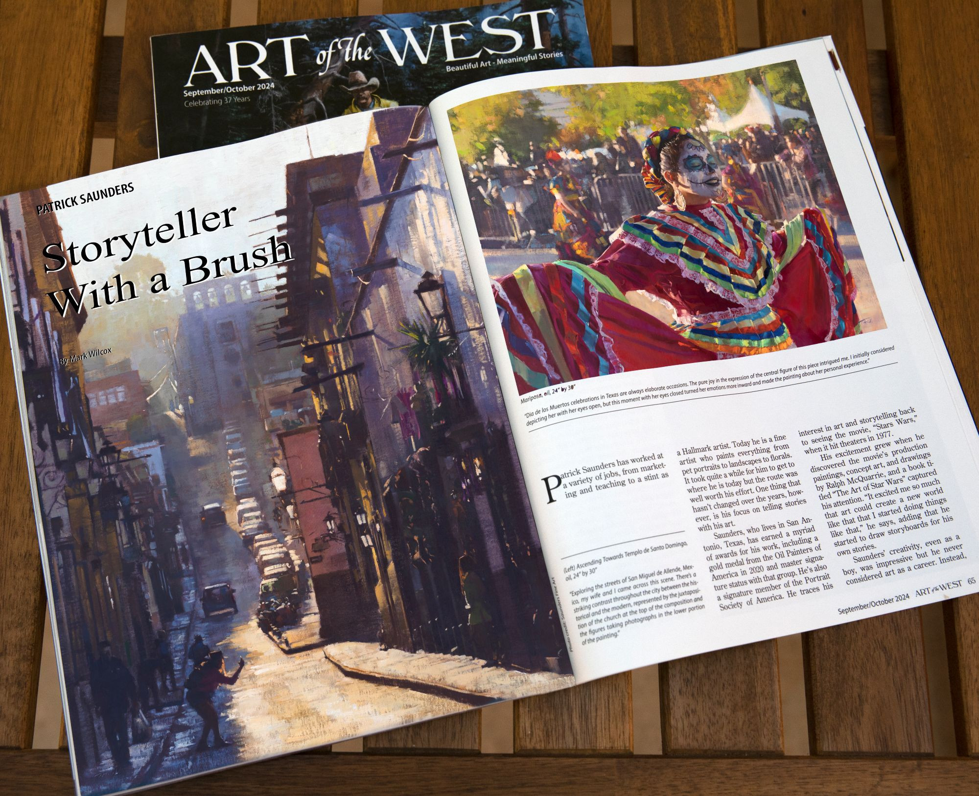 Photo of a spread of the western art oil paintings of American artist Patrick Saunders in the September 2024 issue of Art of the West magazine