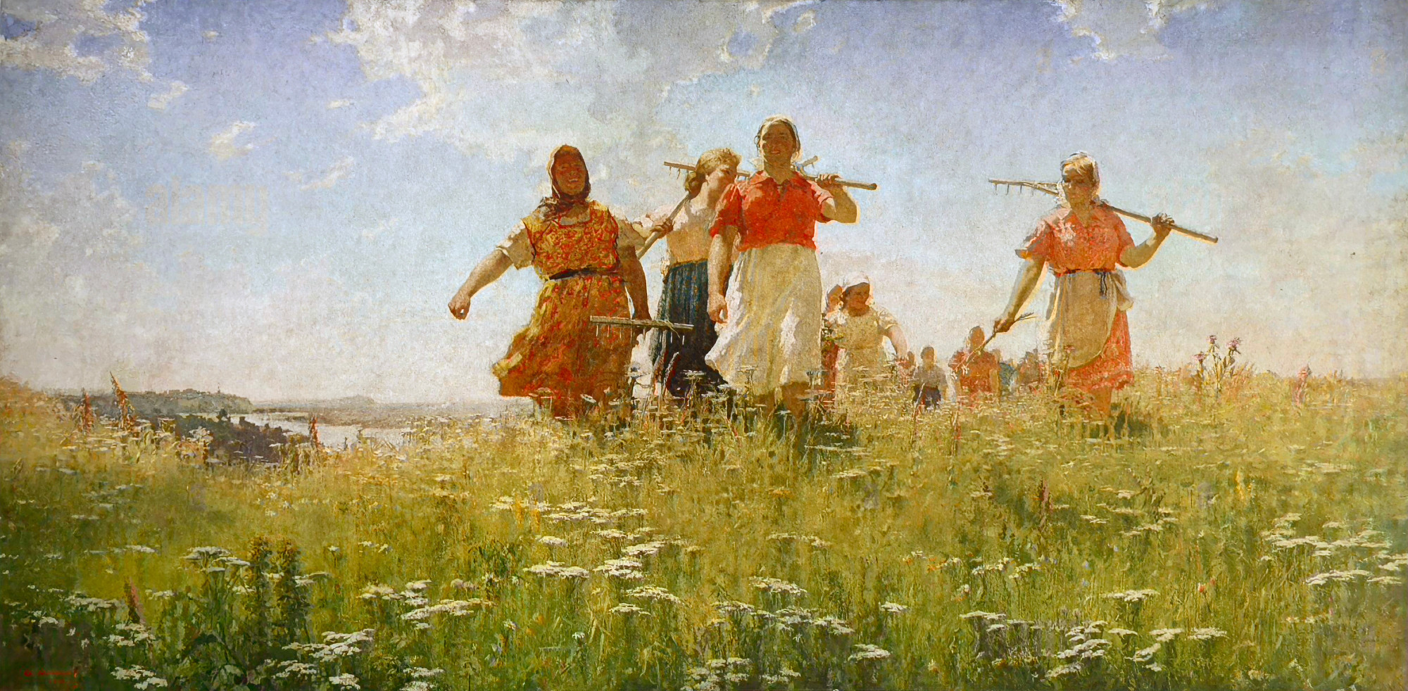 "In Peaceful Fields" oil painting by Russian artist Andrei A. Mylnikov depicting field workers in a meadow