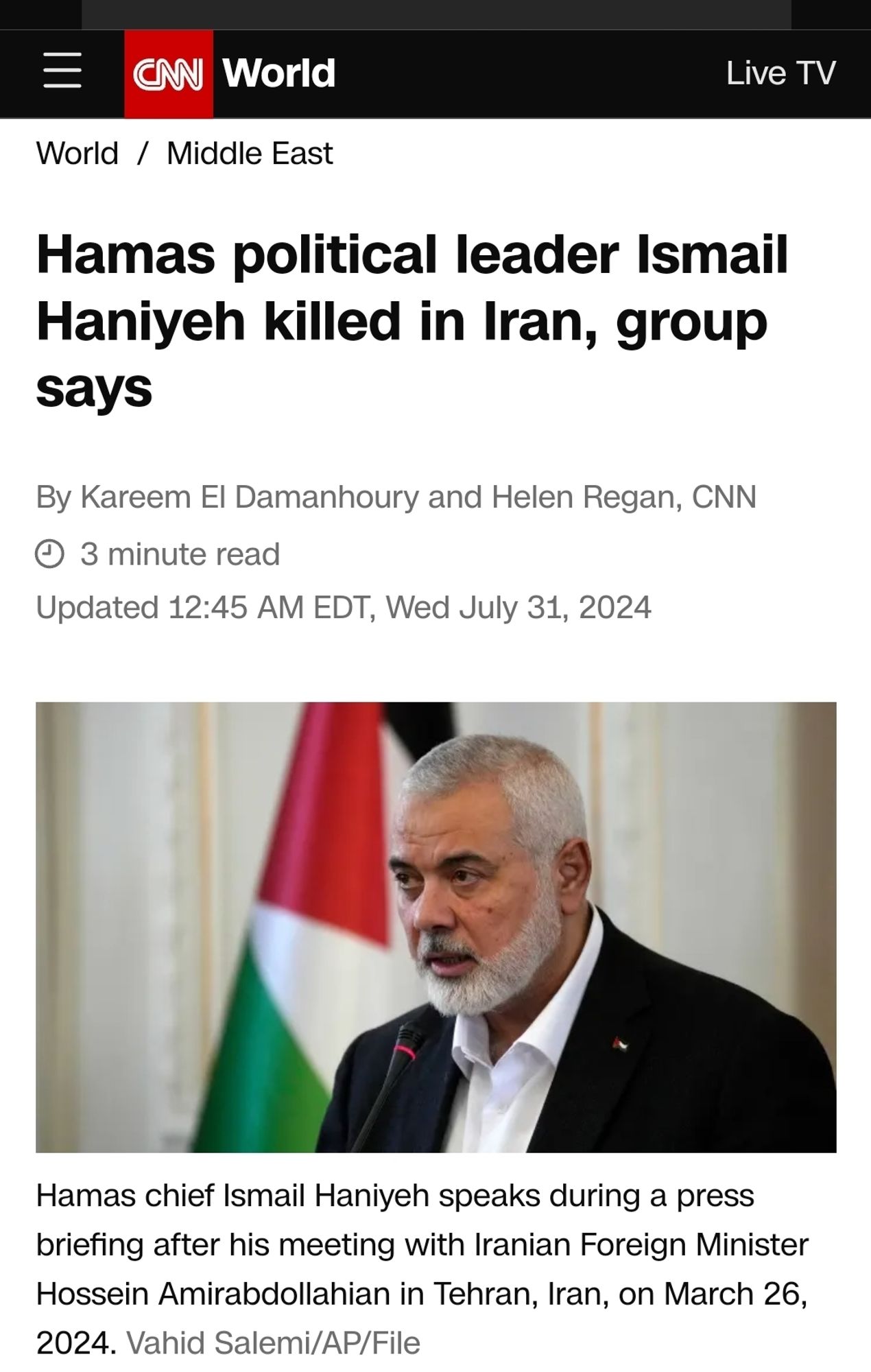 CNN Screenshot: Hamas chief Ismail Haniyeh speaks during a press briefing after his meeting with Iranian Foreign Minister Hossein Amirabdollahian in Tehran, Iran, on March 26, 2024.