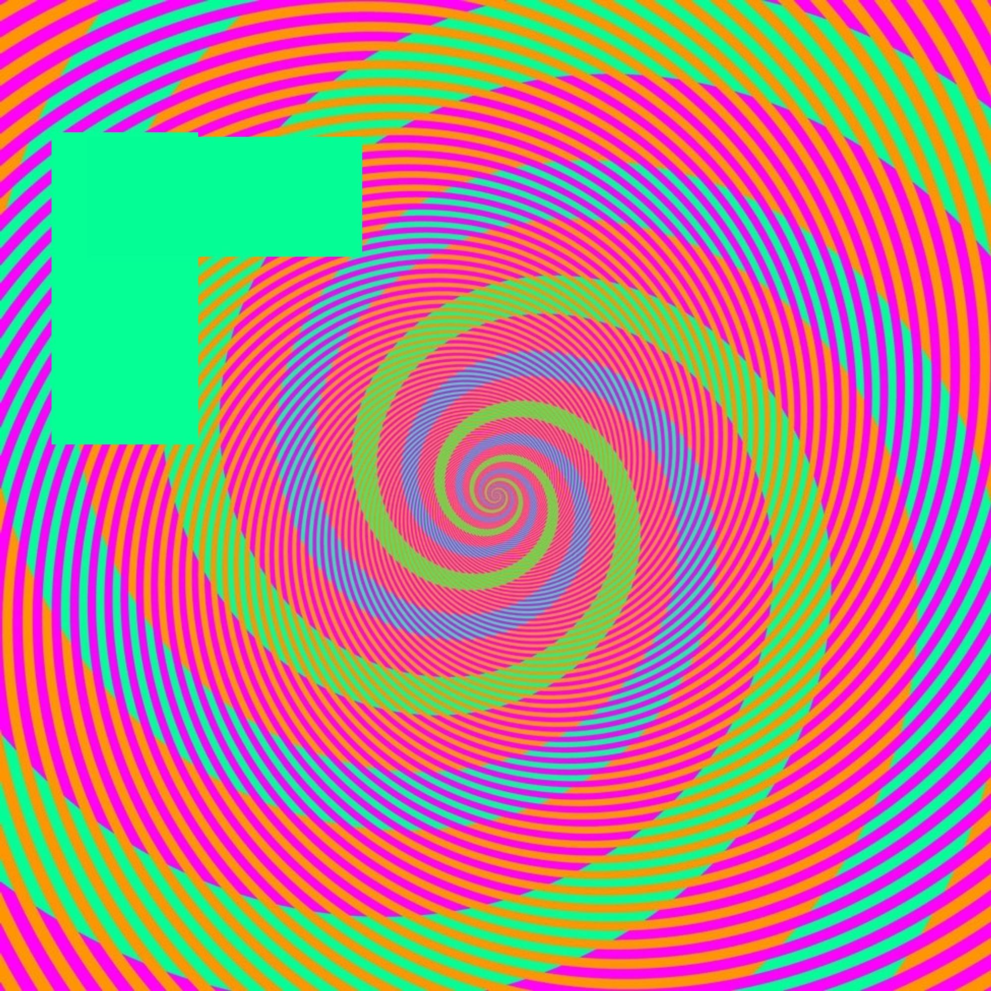 An optical illusion with "blue" and "green" spirals, with solid-colored rectangles showing that the blue and green are actually almost the exact same shade of light green