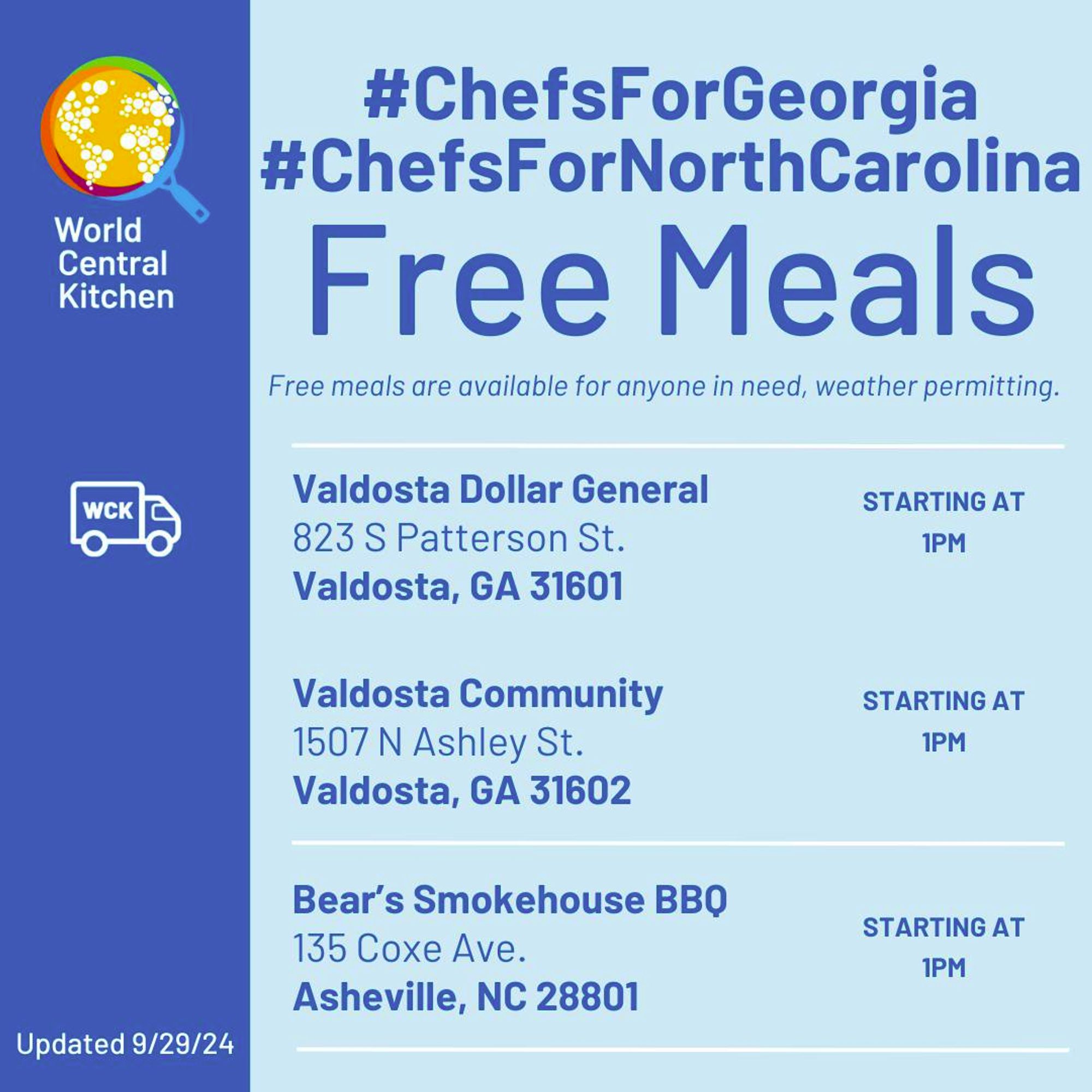 Locations for Free Meals offered by World Central Kitchen in Georgia and North Carolina. Food is being offered in Valdosta, Georgia and Asheville, North Carolina.