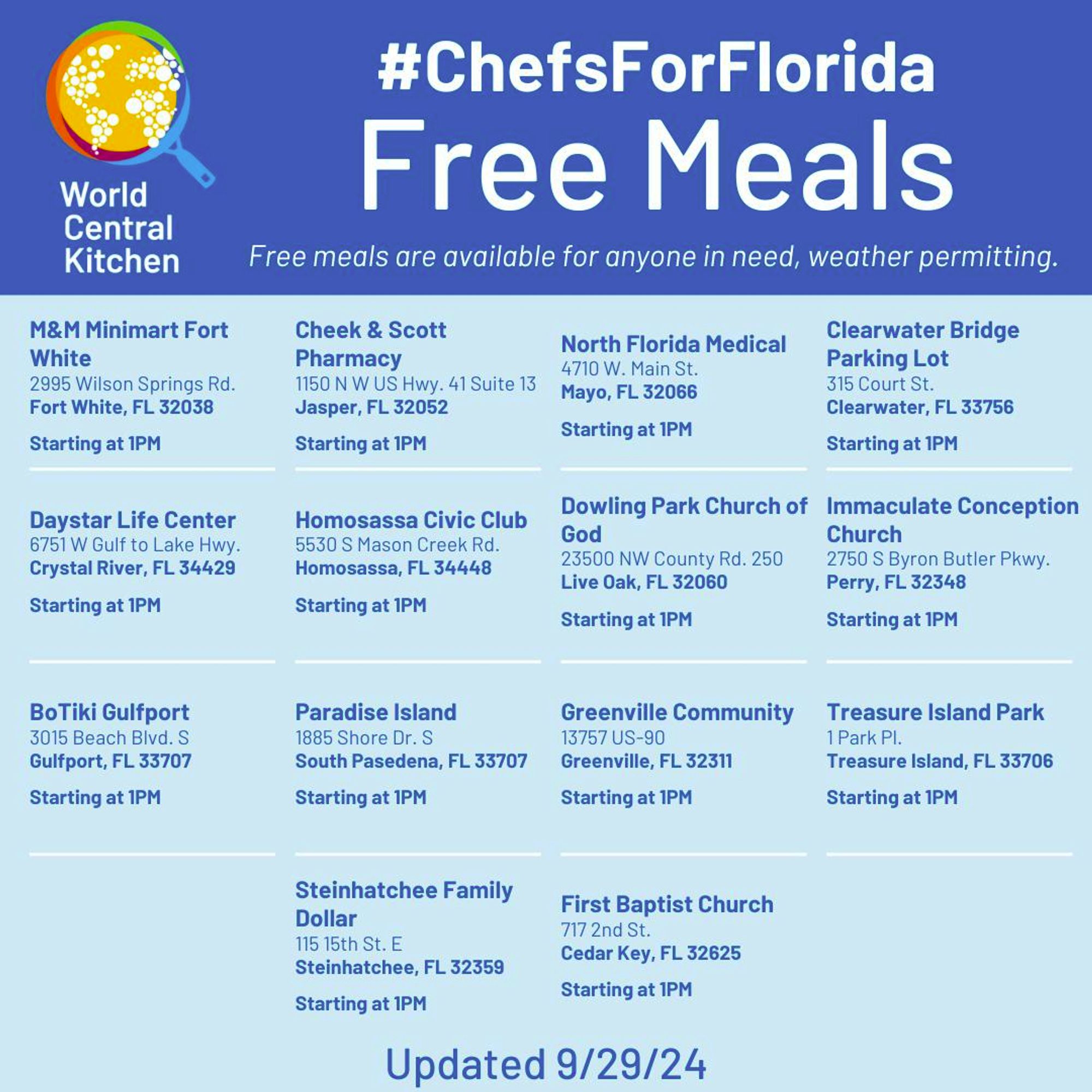 Information about Florida locations for World Central Kitchen Free Meal distribution. Locations include Fort White, Jasper, Mayo, Clearwater, Crystal River, Homosassa, Live Oak, Perry, Gulfport, South Pasadena, Greenville, Treasure Island, Steinhatchee, Cedar Key.