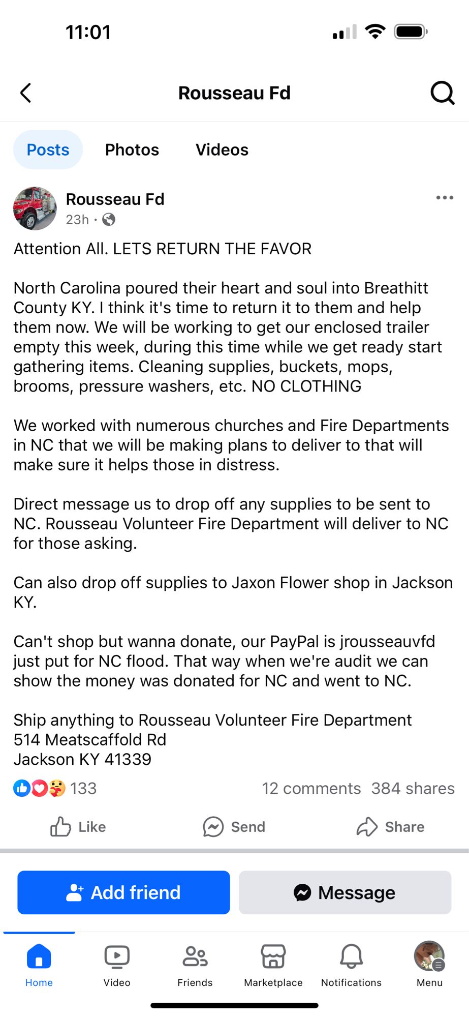 A message from Rousseau Fire Department in Jackson, KY asking for donations for NC flood relief after Hurricane Helene. Monetary donations can be made via PayPal @jrousseauvfd. Material donation requests are for cleaning supplies, mops, brooms, and pressure washers. No clothing! Ship donations to 514 Meatscaffold Rd, Jackson, KY 41339.