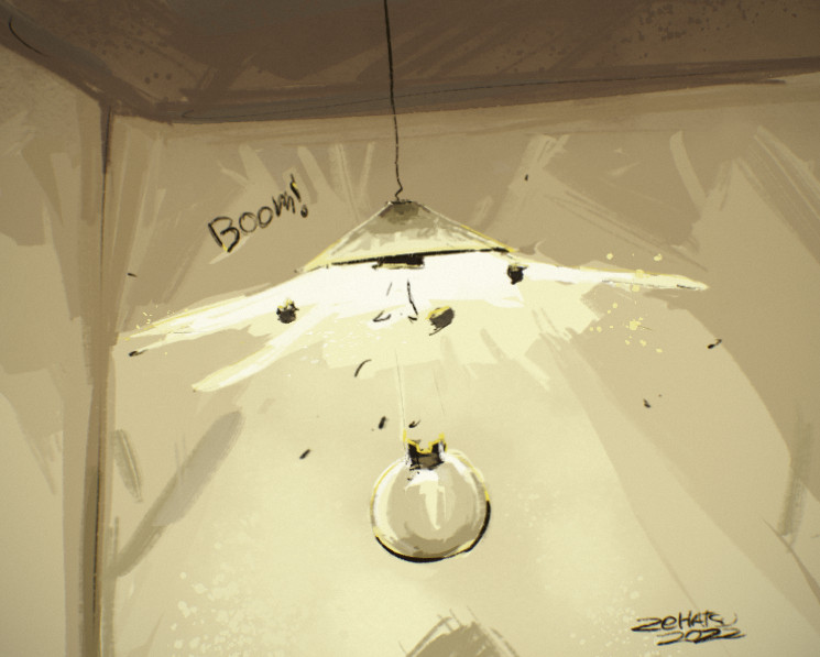 Drawing of a lightbulb exploding out of it's socket