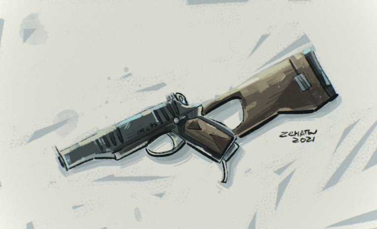 Drawing of a fictional machine pistol known as the OTS 8.5r