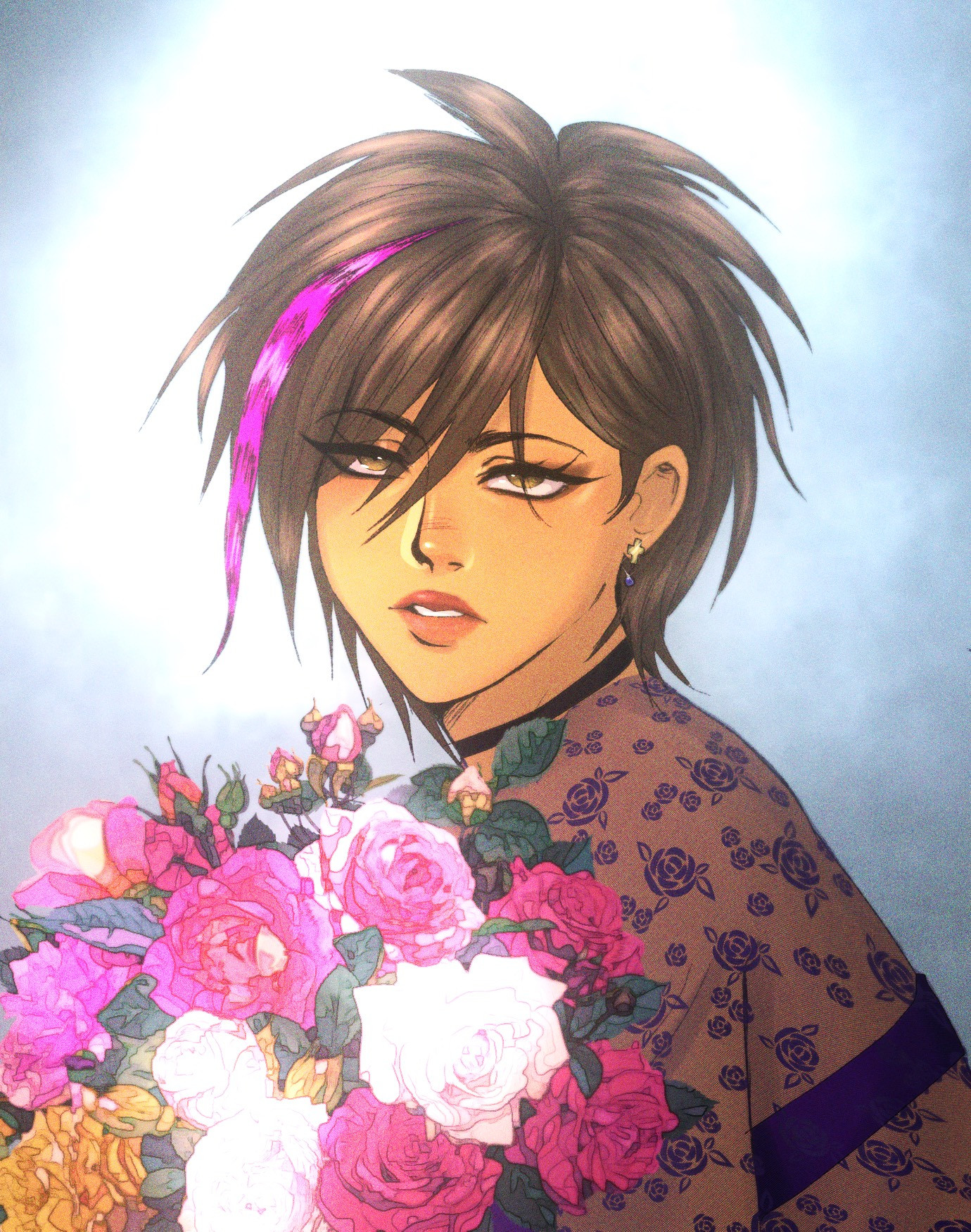 A 2003 School Portrait of Tita. The has a distant look in her hazel eyes as she holds a colorful bouquet in front of her. Her clothing is a dark purple lace top, complimented with a simple black choker and her small gold cross earrings with a tiny purple jewel that hangs. Tita’s hair is brown spiky and emo, much that similar of the “scene queens” back in the day, with even a pink feathery extension added within it. The lighting is very bright on her face, making her far lighter skinned than she is but create an angelic glow it seems. 