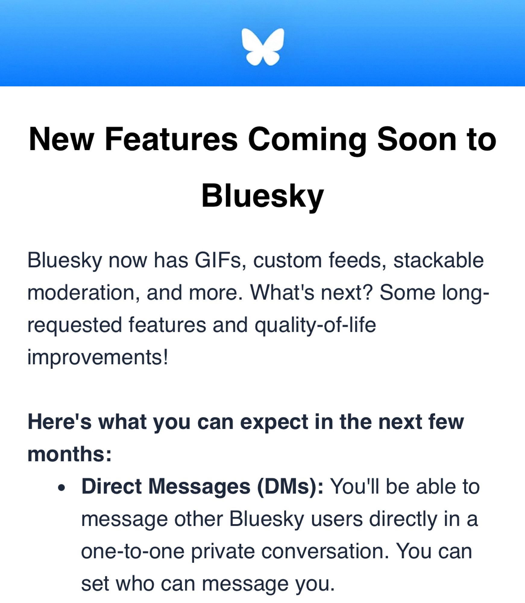 screenshot of the email notification sent by bluesky announcing they are introducing DMs to the app