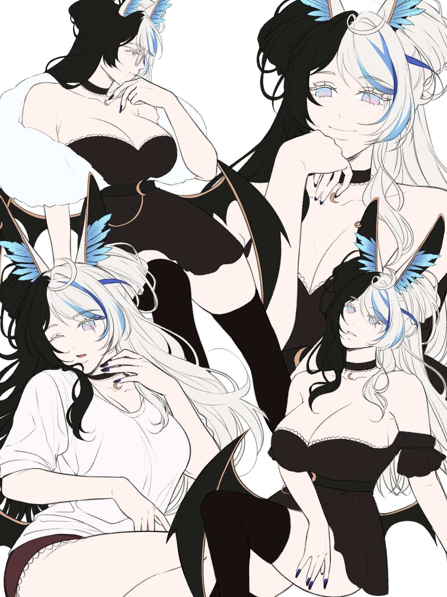 Akiri, my character in four different poses.  She has long split black and white hair with loose buns and a blue highlight and rabbit ears with blue feathers inside them. She has demonic hipwings, very large breasts and is wearing a black dress, black thigh-high socks and a black, lacey choker with a small crescent moon hanging from it.