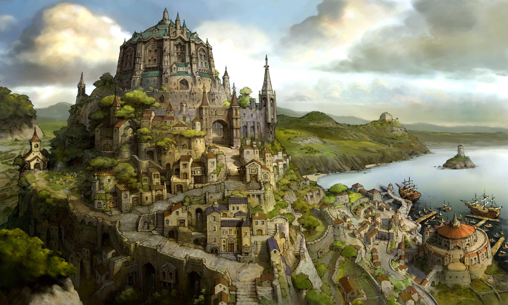 A picturesque landscape featuring a large fortress atop a hill, surrounded by intricate stone buildings and winding roads. In the foreground, a harbor with several ships rests along the shoreline, while lush greenery and rolling hills provide a scenic backdrop. The sky is partly cloudy