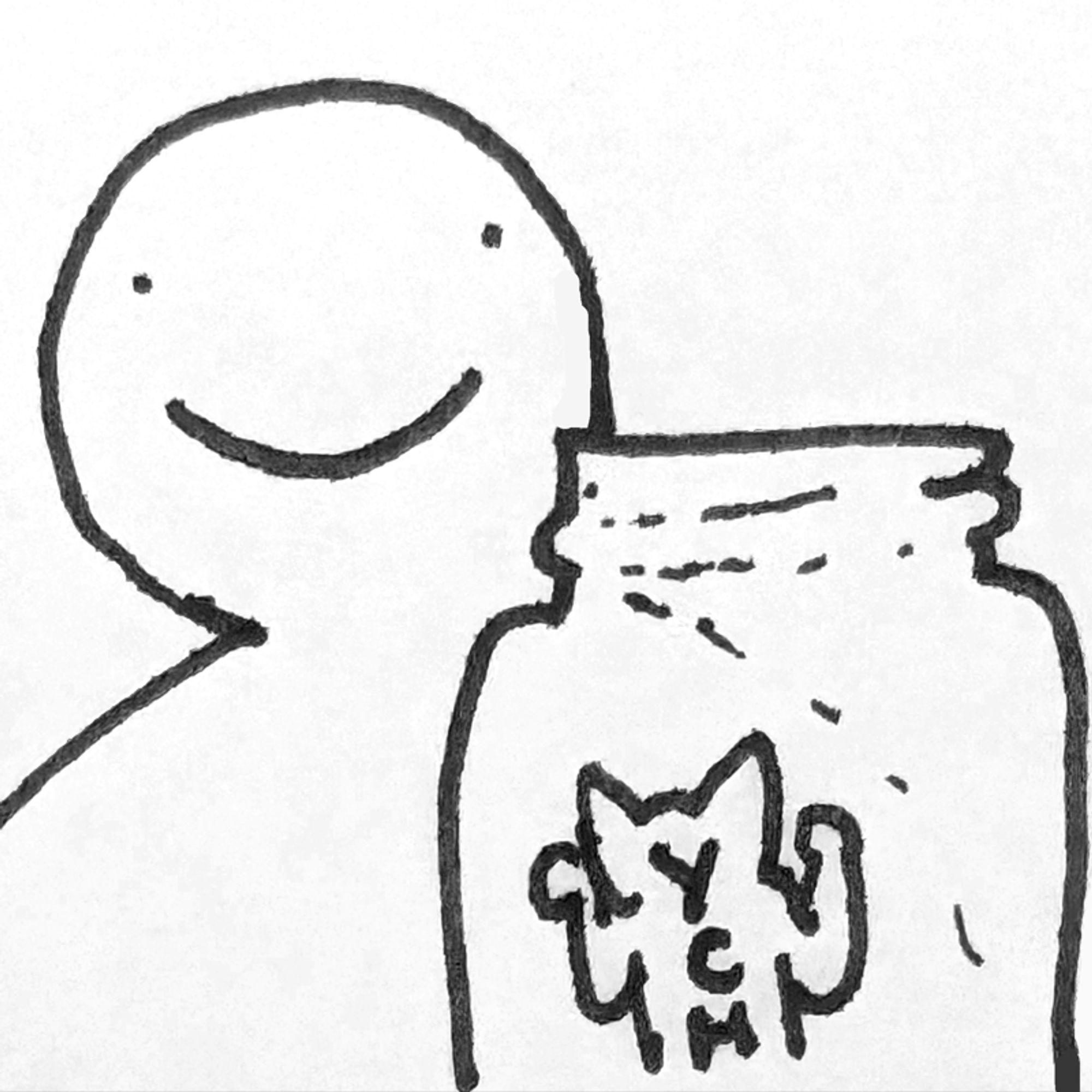 a stick figure smiles in front of a jar with a small anthro furry in it.  the anthro has the text "YCH" on its back