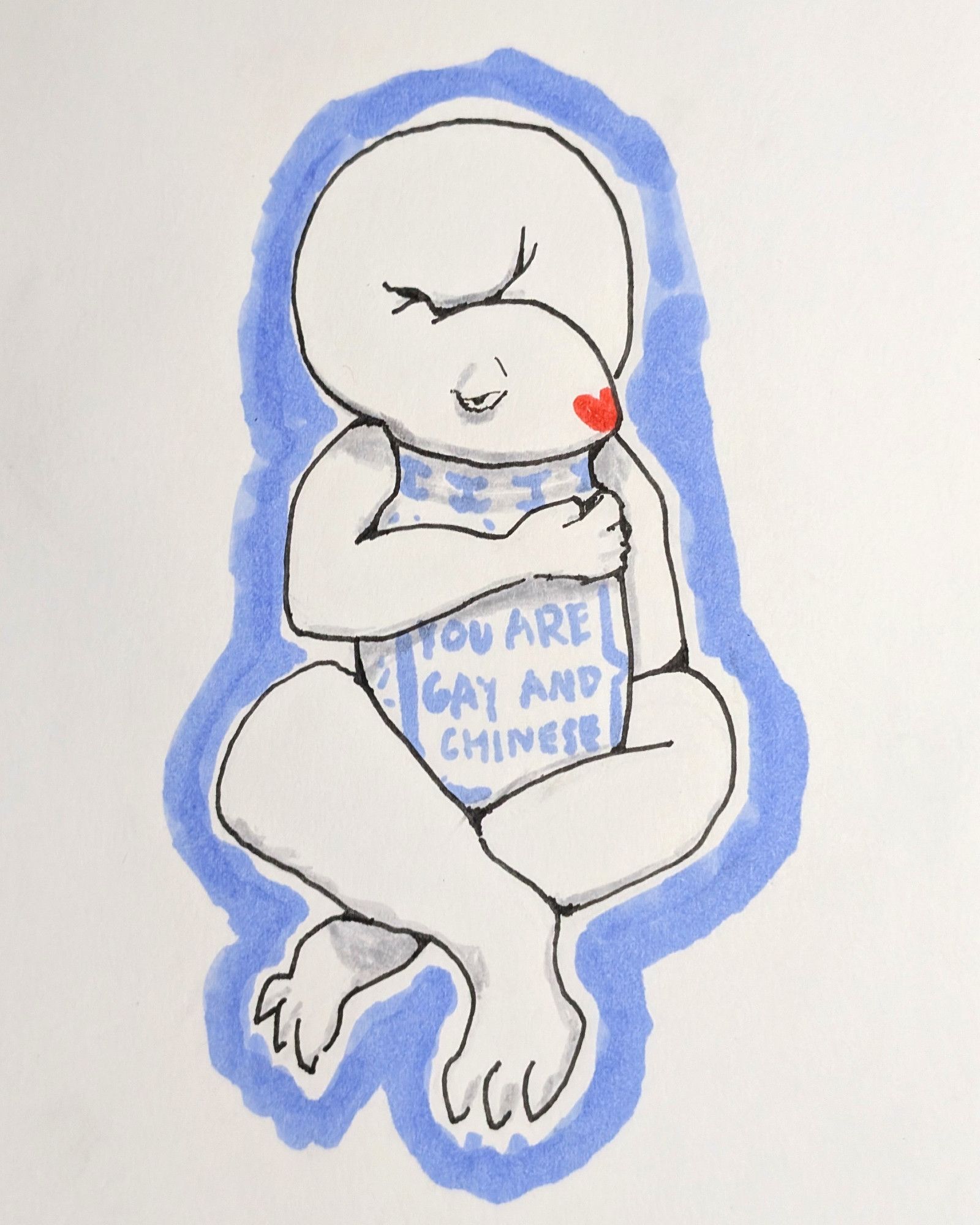 a white anthro snake with heart on their nose wraps themselves and rests their weary head on a vase with blue text saying "YOU ARE GAY AND CHINESE"