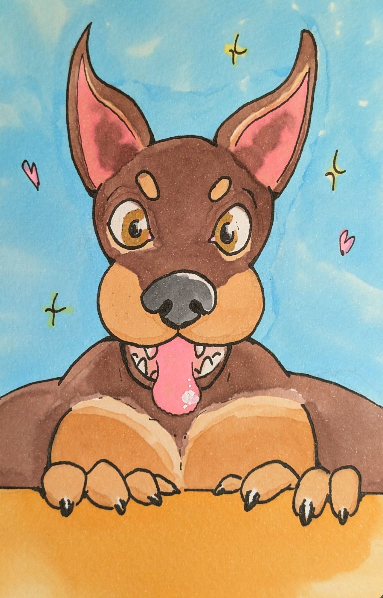 bust drawing of an anthropomorphic buff doberman looking at you chest-height gleefully over a wall.