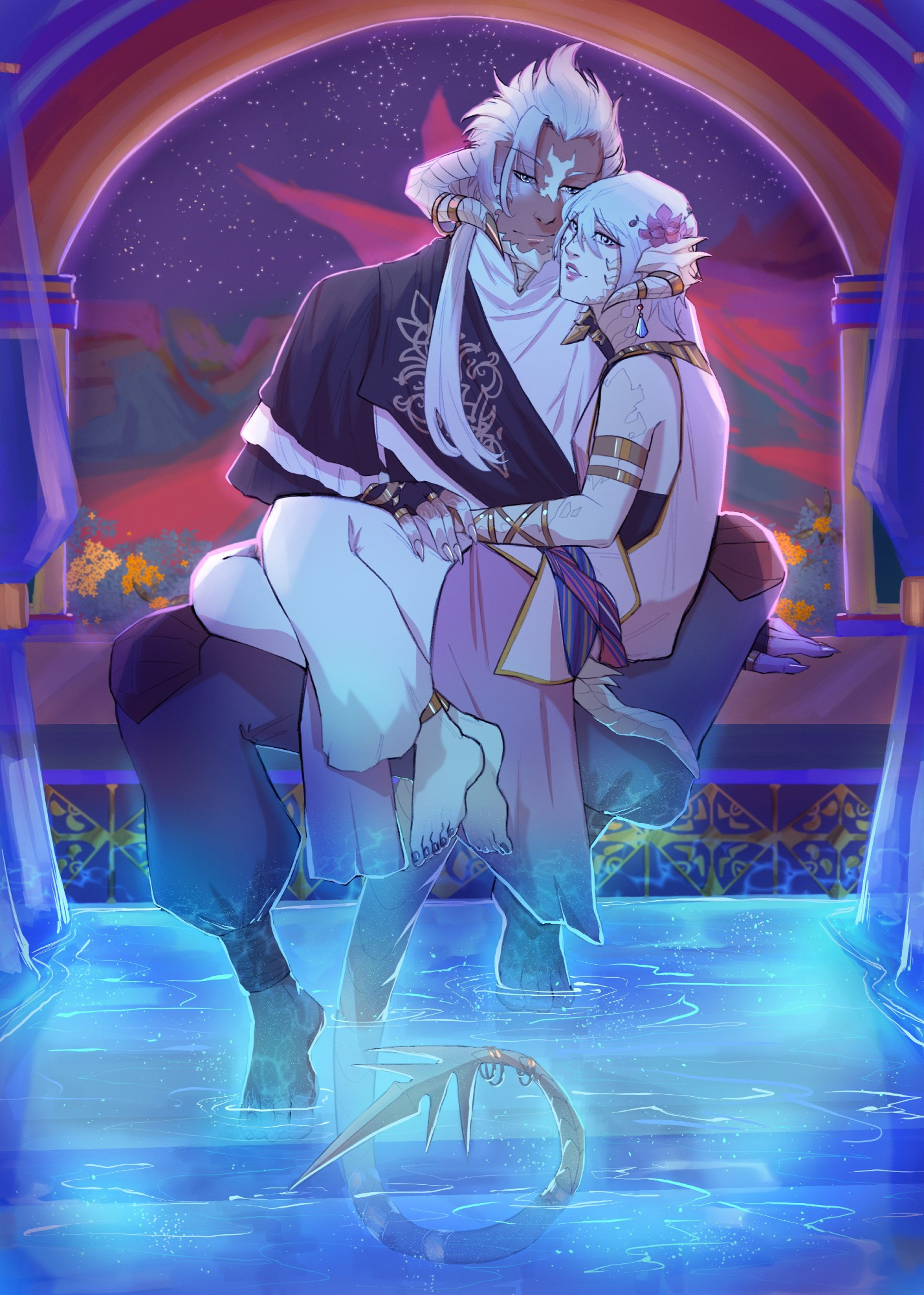 Sol and Naga sitting on a bench in front of water.