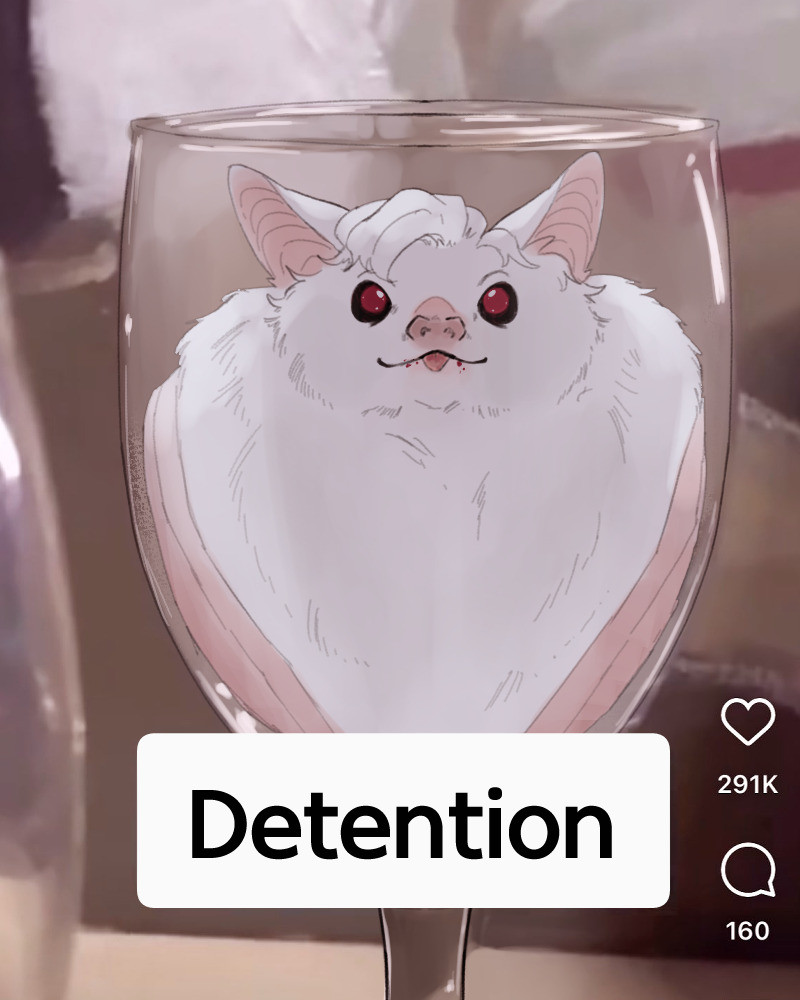 This is Astarion (bat) in a wine glass with detention labeled at the bottom. Here for his crimes.