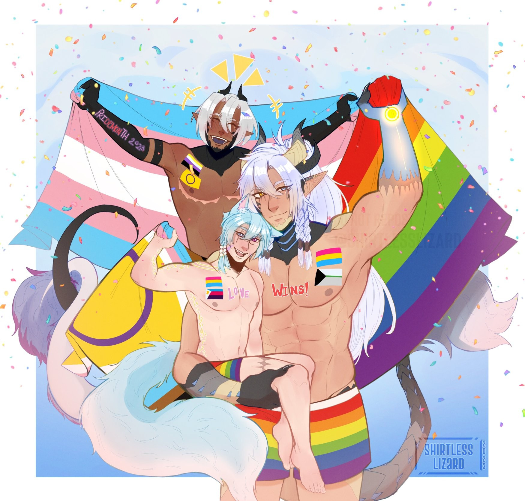 Three Characters holding Pride Flags: Trans / Intersex-inclusive Pride Progress Flag
A fourth hiding (only tail shown) holding up character in the back.