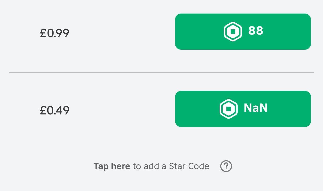 A digital payment interface displaying two price options: £0.99 for 88 units and £0.49 for a quantity marked as NaN.