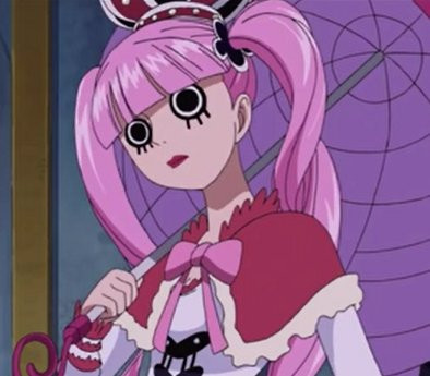 Anime screencap from One Piece of Perona, a uniquely proportioned goth girl with giant, perfectly circular eyes with enormous black irises that take up almost the entire eyeball