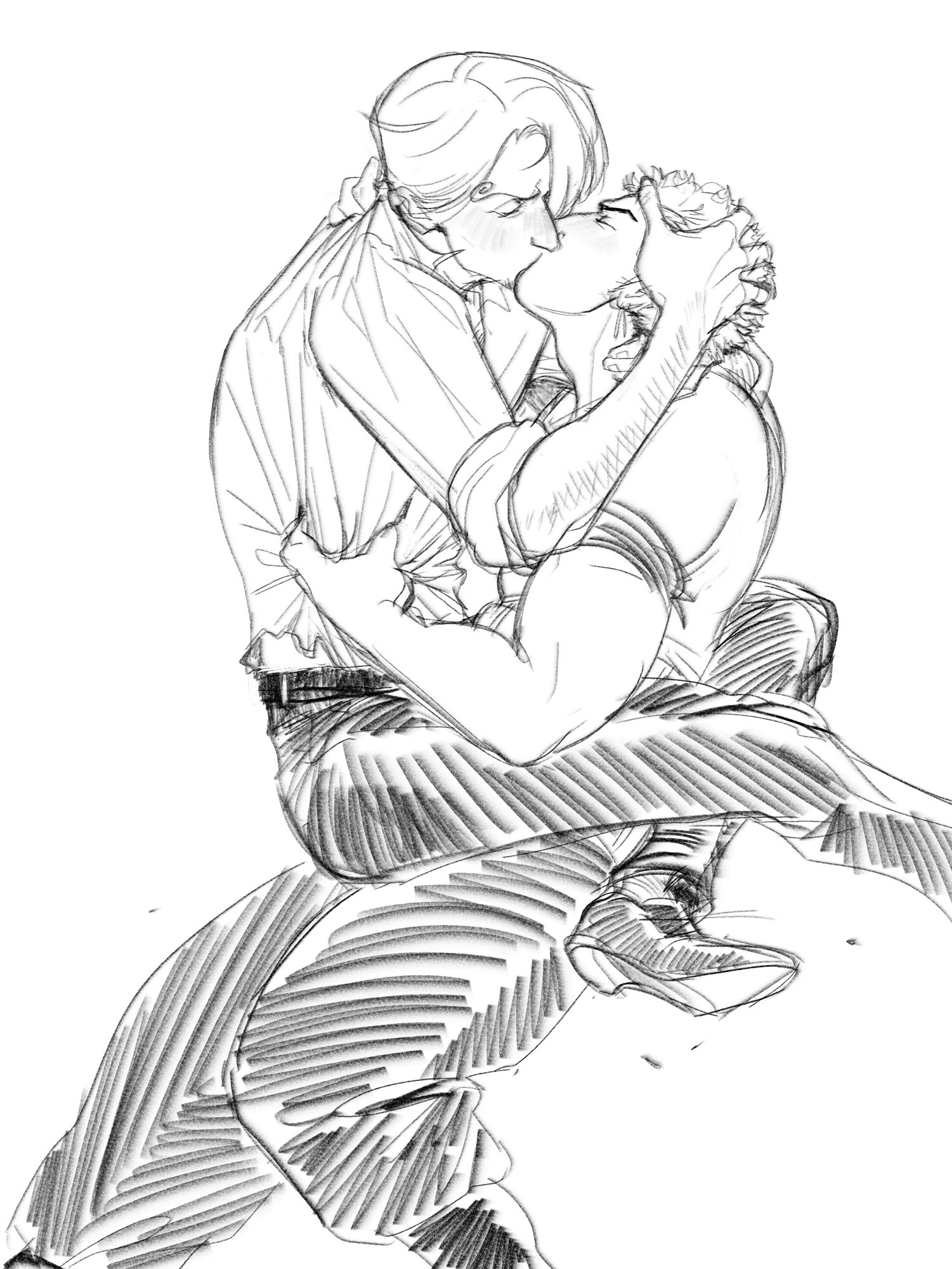 Shipping fanart of Zoro and Sanji from One Piece. Sanji has leapt into Zoro's arms, seemingly about to bowl him over, his legs locking around Zoro's hips. They are gripping each other as they kiss like they think the other person is going to disappear or something, their expressions desperate. One of Sanji's hands is grabbing Zoro's head and the other is around the back of his neck, pulling him closer, while Zoro's hands are both bunched in Sanji's shirt so tightly that it's coming untucked at the waist.