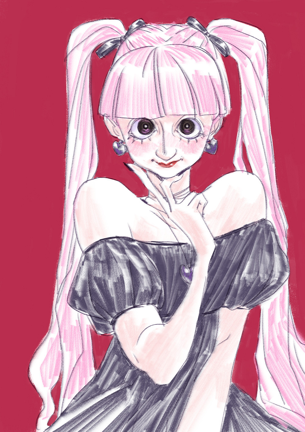 Loose pencil-like digital sketch of Perona from One Piece, a pale-skinned young woman with long pink hair in pigtails, wearing a puffy off-the-shoulder dark blue/grey dress and placing her fingers on her chin as she stares demurely at the viewer with her enormous brown eyes.