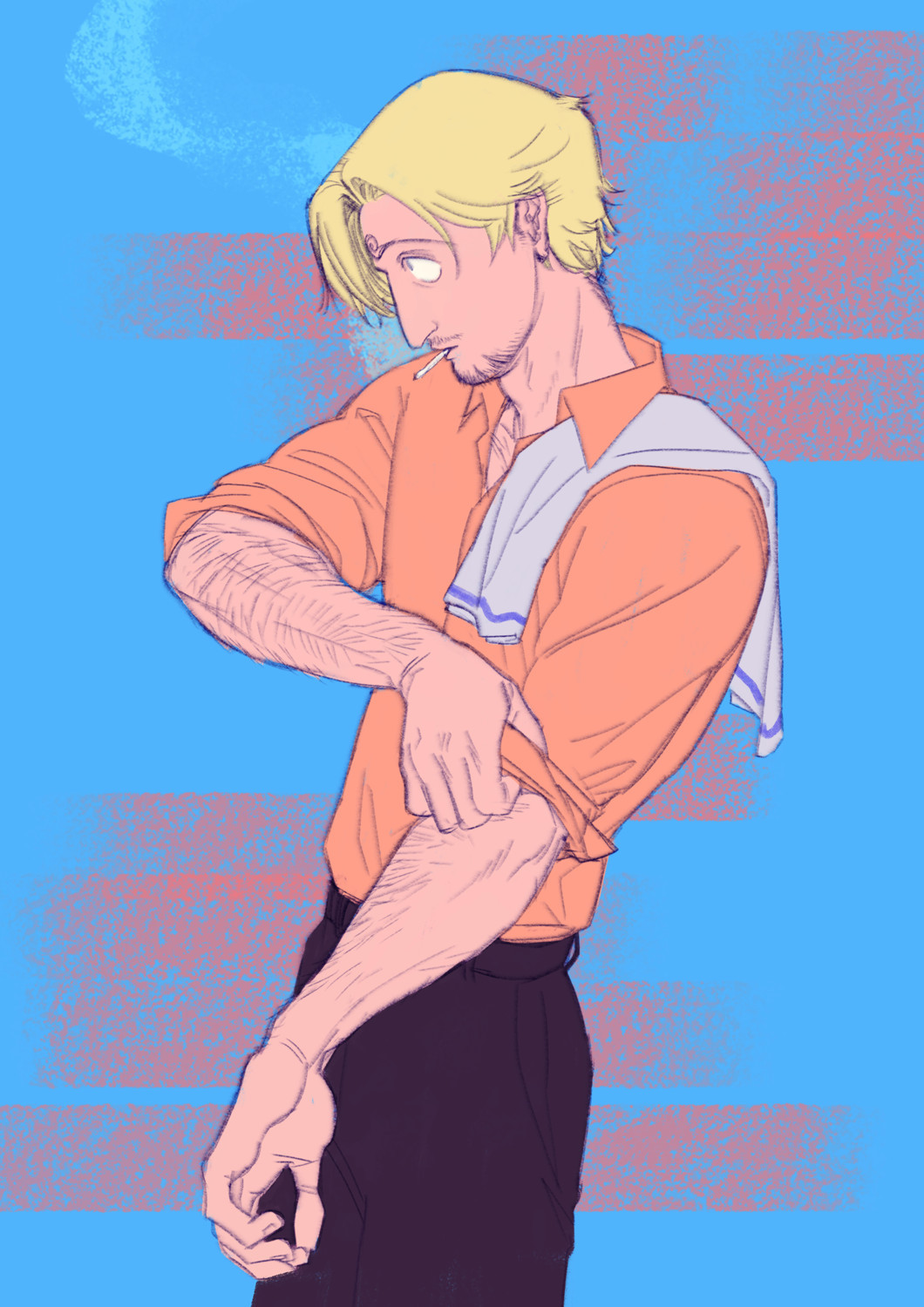 Fanart of Sanji from One Piece, post-timeskip. He is drawn in profile looking off at something out of view with a distracted expression as if in thought, smoking a cigarette idly. He has a kitchen towel thrown over one shoulder and is in the process of rolling up the sleeves of his shirt to reveal toned forearms.