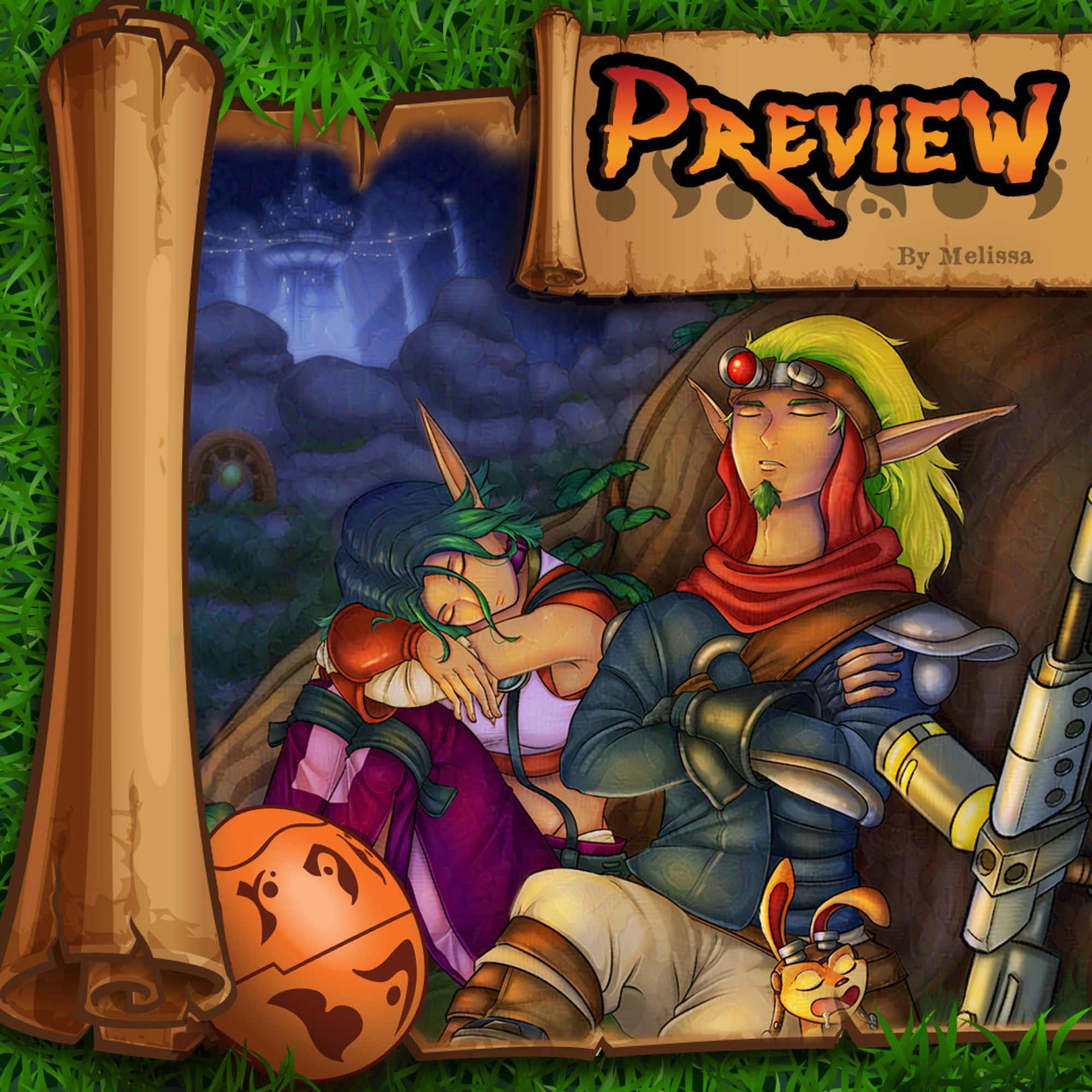 Two cartoon scrolls laid on a bed of grass that show text: “Preview by Melissa” and image: 2-era Keira, Jak, and Daxter napping against a tree. The Haven Palace looms in the background.