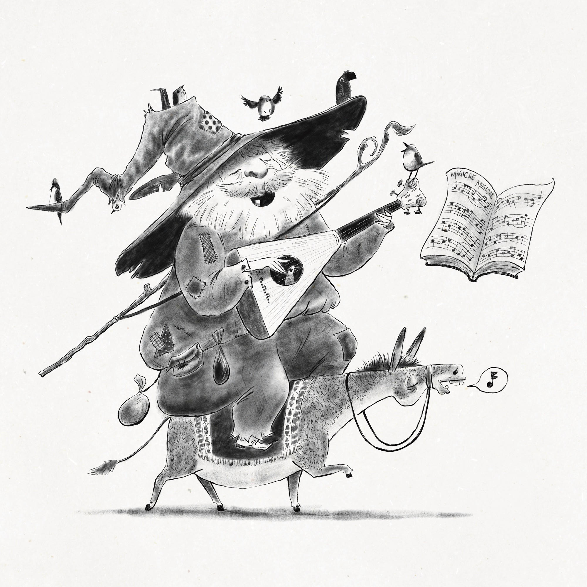 A singing wizard with birds flying around him. He is riding on a singing donkey.