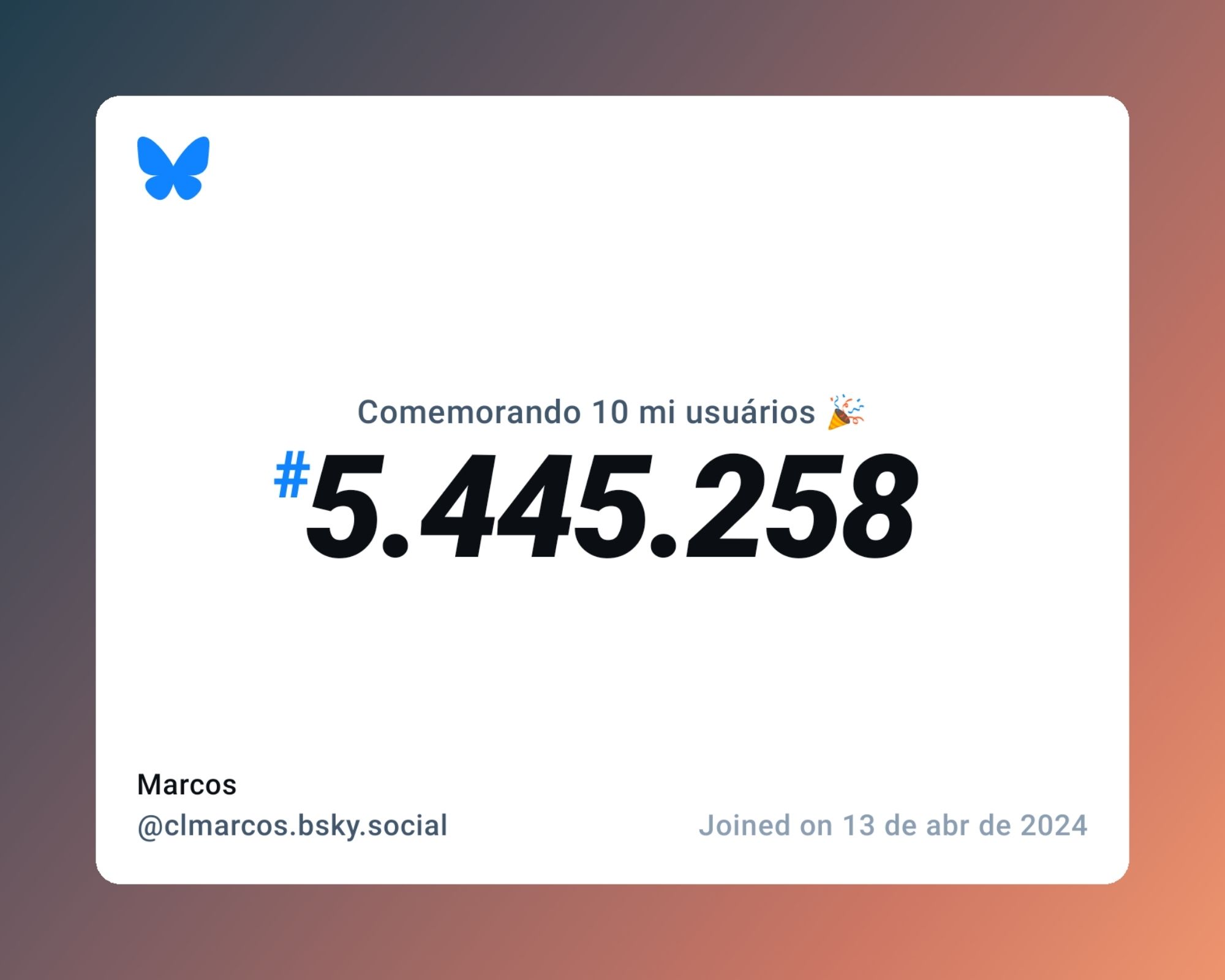 Um certificado virtual com o texto "Comemorando 10 milhões de usuários no Bluesky, #5.445.258, Marcos ‪@clmarcos.bsky.social‬, ingressou em 13 de abr de 2024"