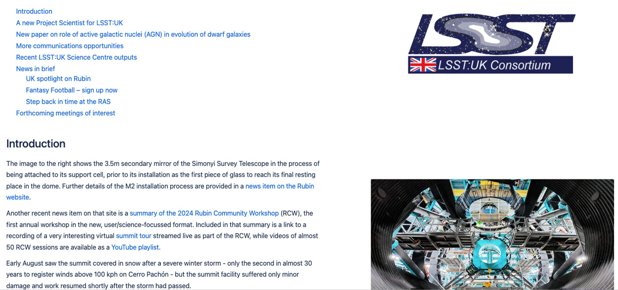 This is a screenshot of a newsletter showing the LST:UK logo at the top right and text to the left. On the bottom right is an image of the Rubin Observatory Secondary Mirror.