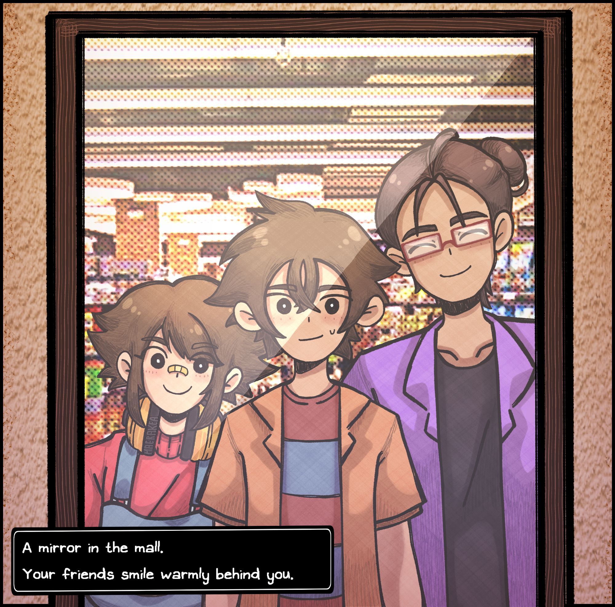 Until Then Characters in the OMORI art style. On the left is Cathy Portillo, In the middle is Mark Borja, and on the right is Ridel Gonzalez. The quote on the bottom left reads "A mirror in the mall. Your friends smile warmly behind you." referencing to OMORI.