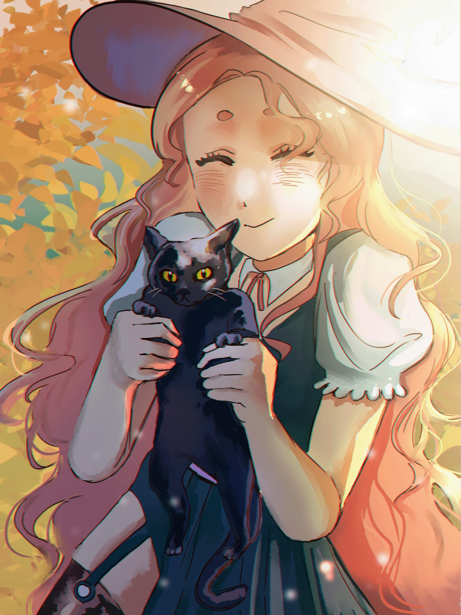 An illustration of a pink haired anime girl with a witch hat holding a black cat in bright light