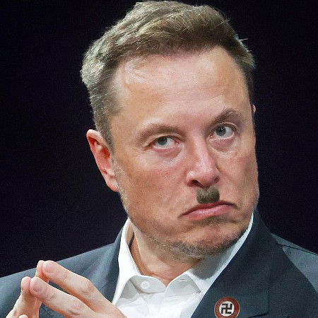 Photo of Elon Musk glaring with a photoshopped hitler mustache and a nazi pin on his suit jacket lapel.