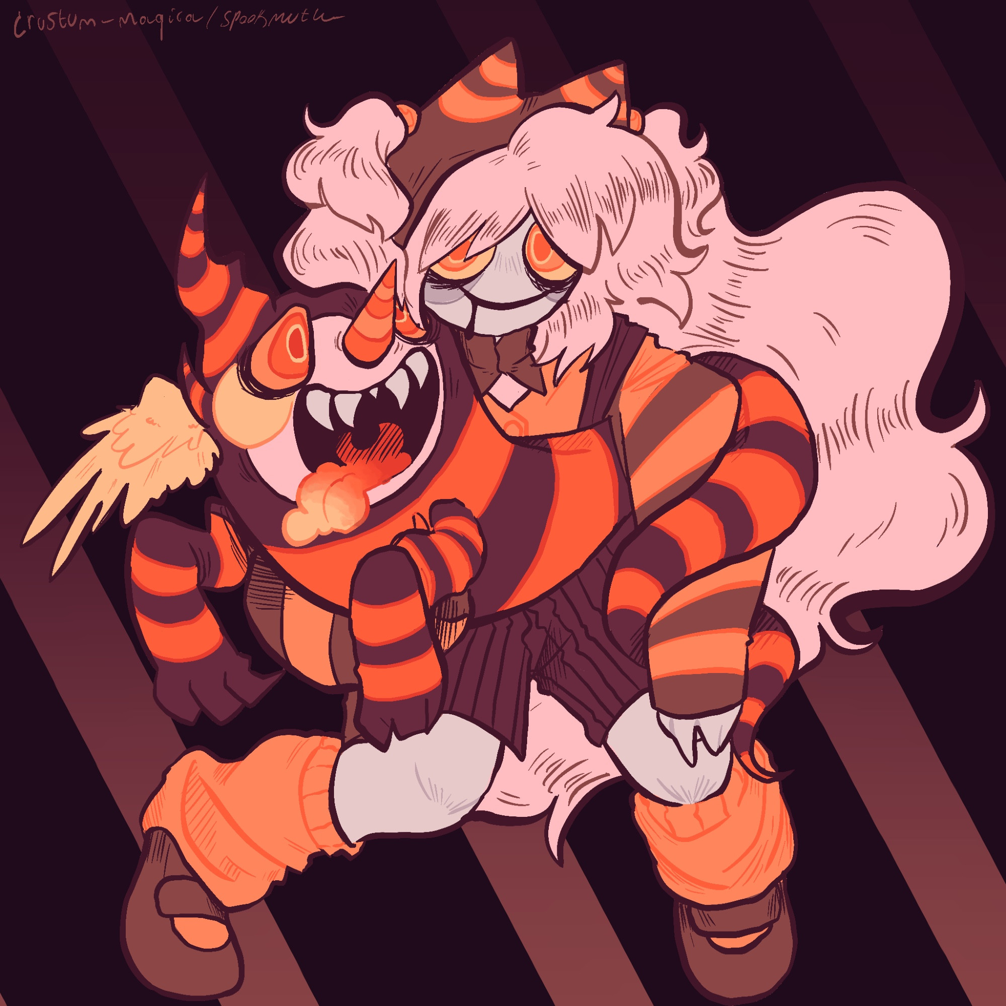 A digital drawing of Bebe and Charlotte from madoka magica Dressed as clyde from DOAI, they have orange sweaters with black stripes and a placed over a striped background
