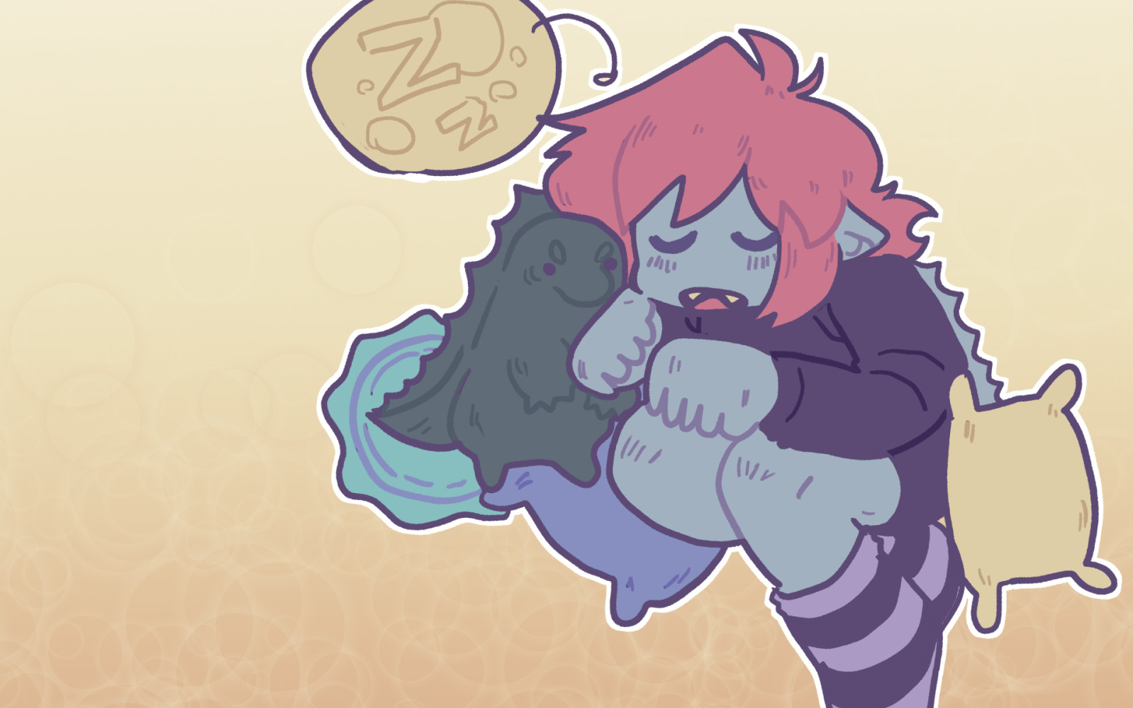 A picture of Lyra horrorz taking a nap on a stack of pillows with a soft color palette.