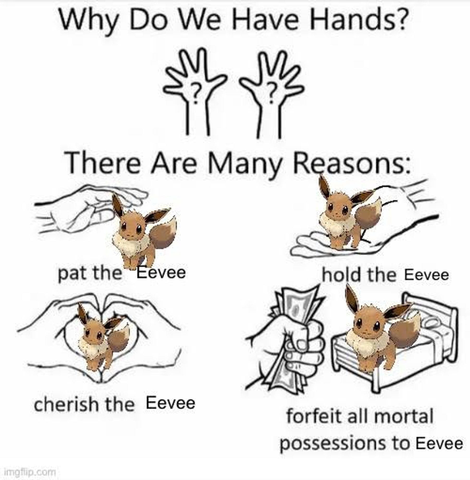 A meme, the text says: "why do we have hands? There are many reasons: pat the eevee, hold the eevee, cherish the eevee, forfeit all mortal possessions to eevee"