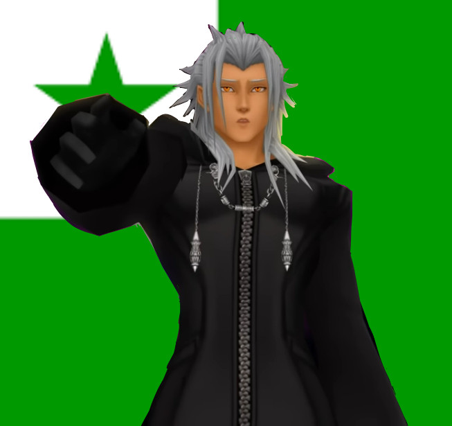 A picture of Xemnas from Kingdom Hearts, who is a medium-toned, silver haired man in a leather coat, in front of the Esperanto flag. It is a green flag with a white square in the top left corner, and has a green star inside of it