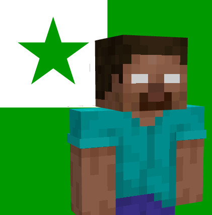 A picture of Herobrine, who looks like Steve from Minecraft with entirely white eyes, in front of the Esperanto flag. It is a green flag with a white square in the top left corner, and has a green star inside of it